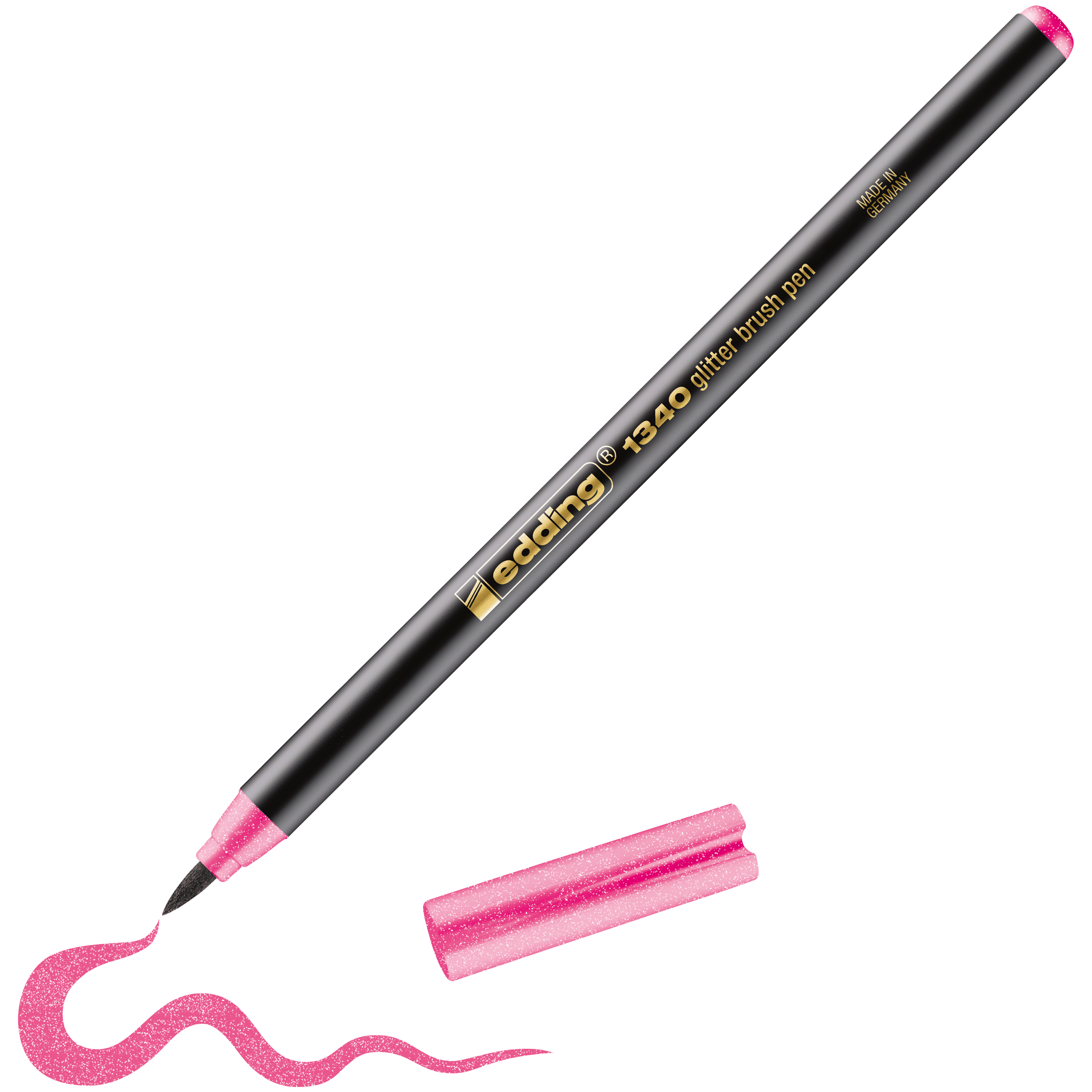 edding 1340 glitzer Pinselstift in pink glitzer mit offener Kappe und einem gemaltem Strich