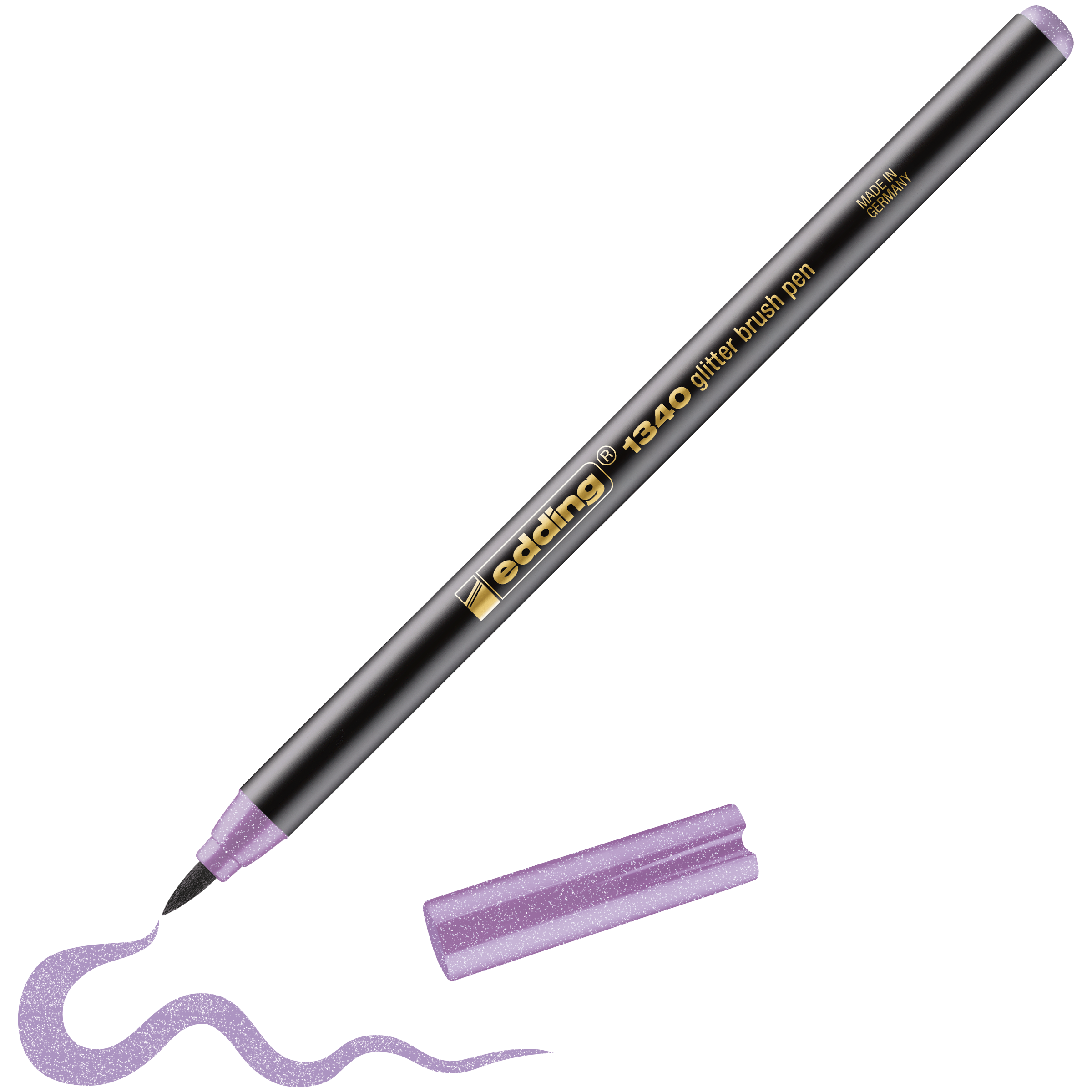 edding 1340 glitzer Pinselstift in violett glitzer mit offener Kappe und einem gemaltem Strich