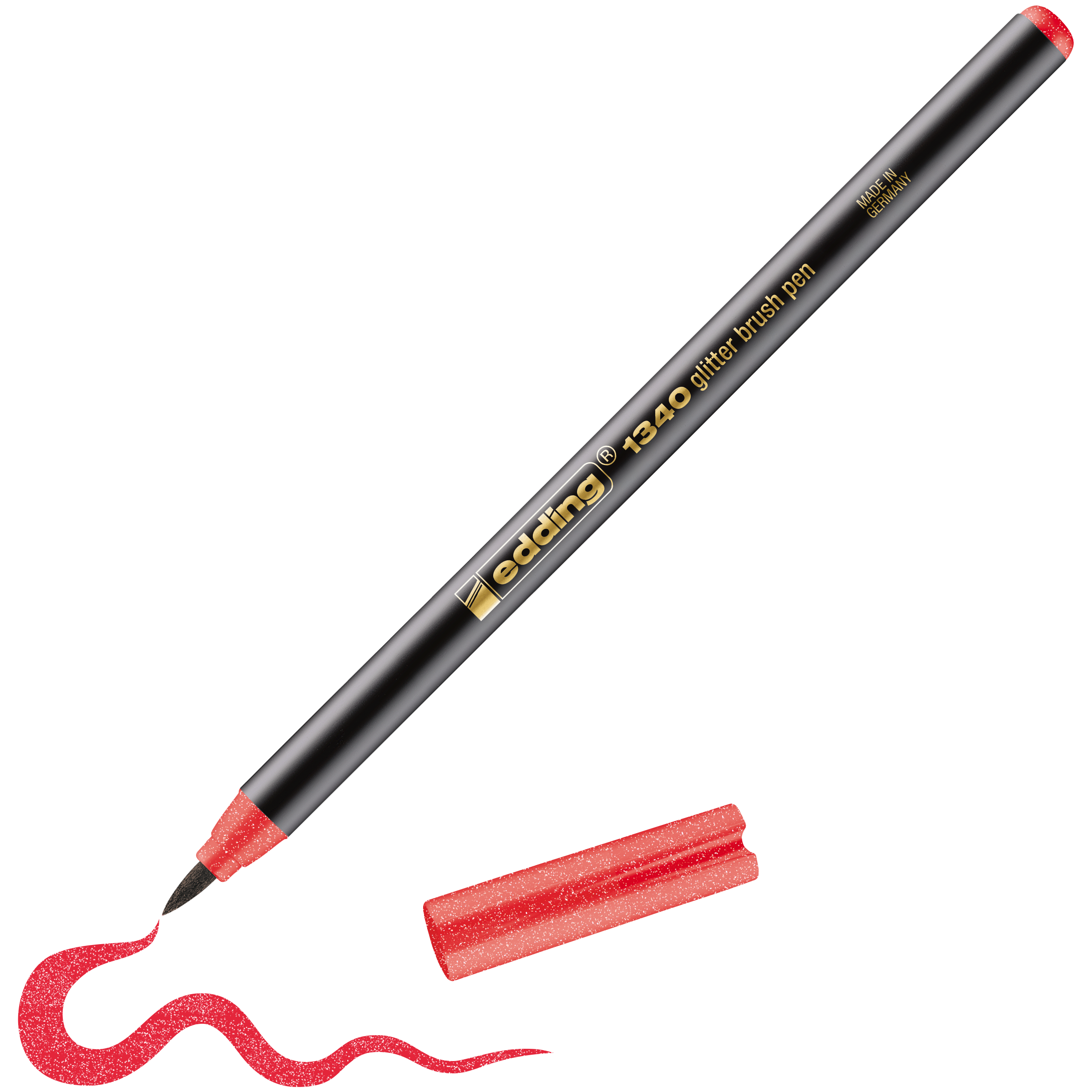 edding 1340 glitzer Pinselstift in rot glitzer mit offener Kappe und einem gemaltem Strich