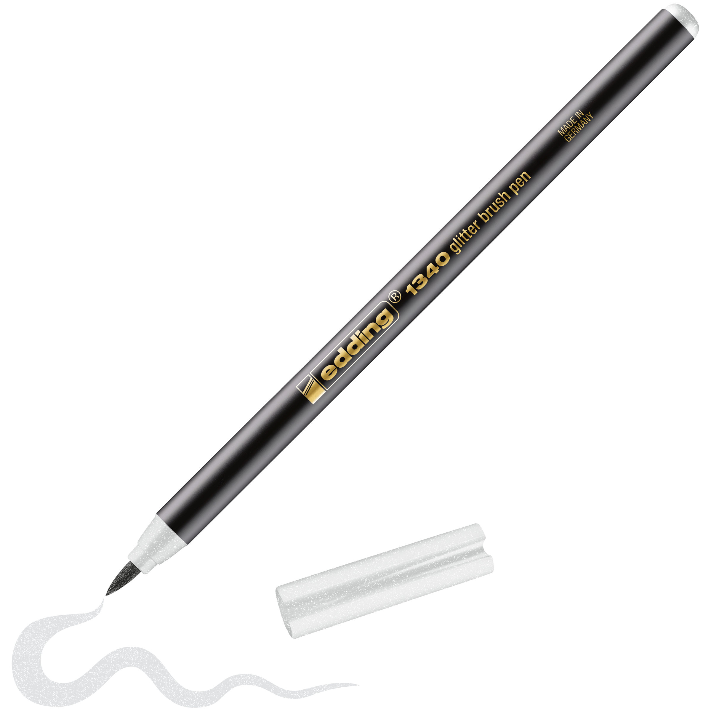 edding 1340 glitzer Pinselstift in Transparent glitzer mit offener Kappe und einem gemaltem Strich