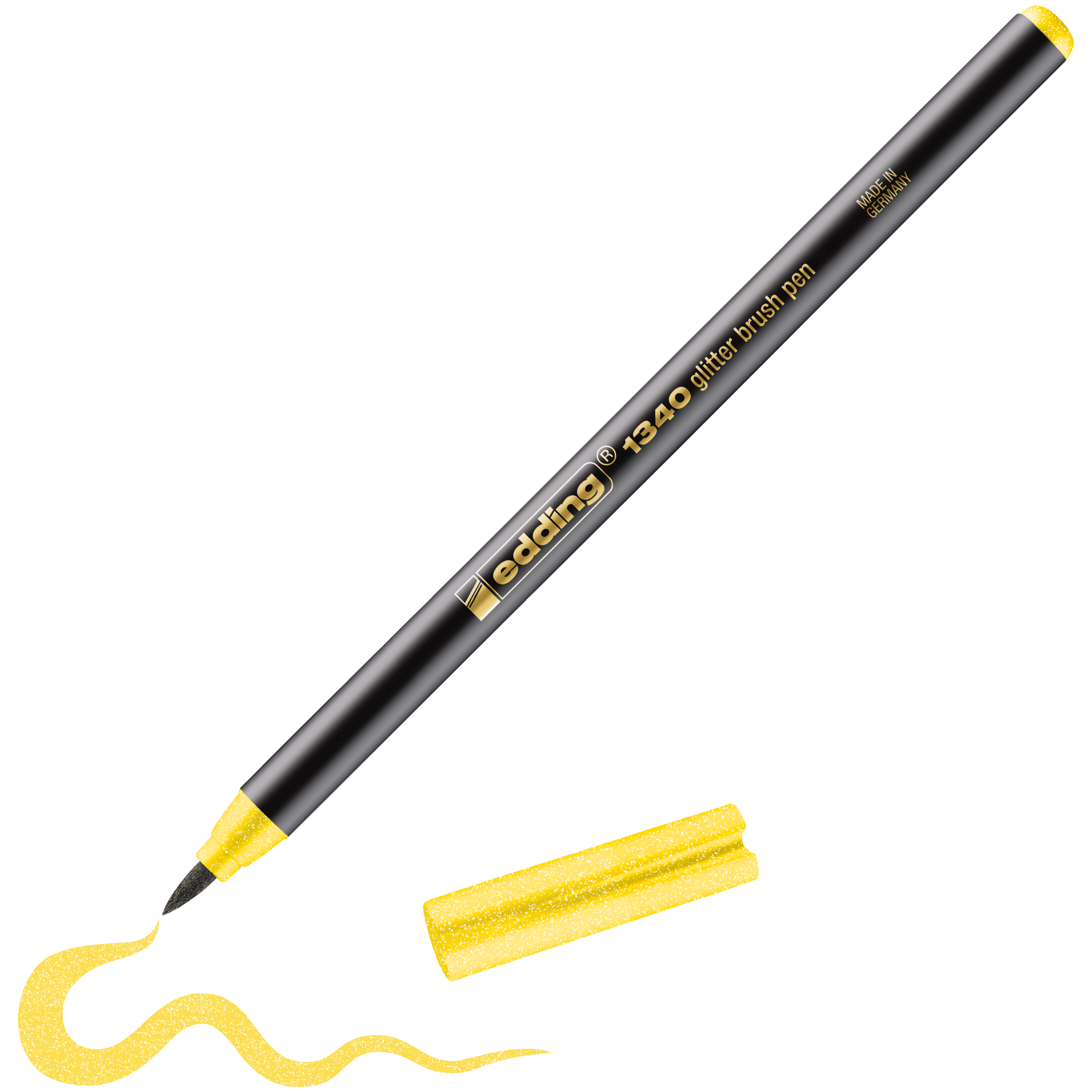 edding 1340 glitzer Pinselstift in gelb glitter mit offener Kappe und einem gemaltem Strich