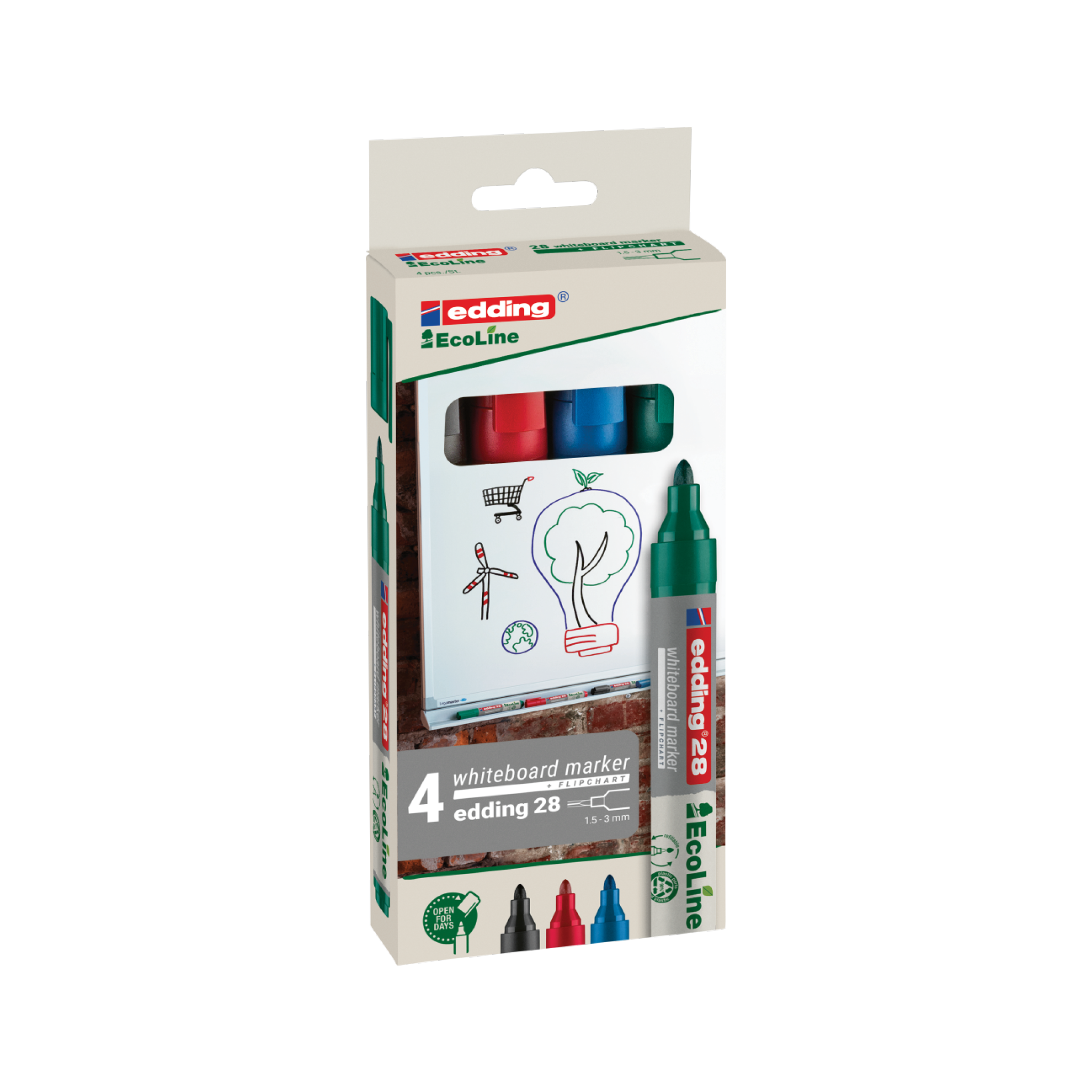 A box of edding 28 EcoLine Whiteboardmarker 4er-Set, made from recycled materials, features a visible green marker. The packaging shows four marker colors with a whiteboard illustration of a multicolored tree, house, and sun. These refillable markers are designed for sustainable use.