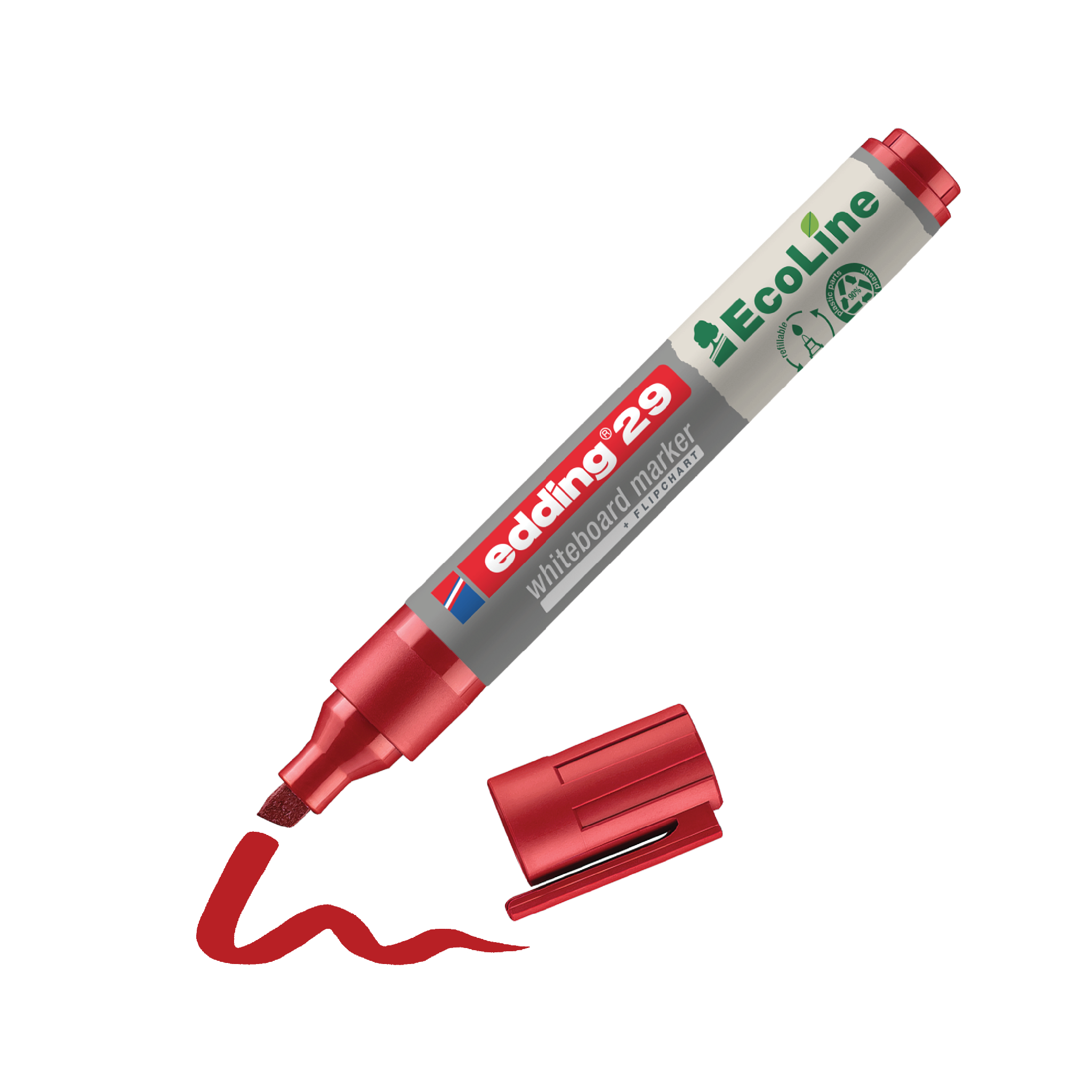 Ein roter edding 29 EcoLine Whiteboardmarker aus recyceltem Material, der bei abgenommener Kappe eine wirbelnde Spur roter Tinte auf der Unterseite hinterlässt.