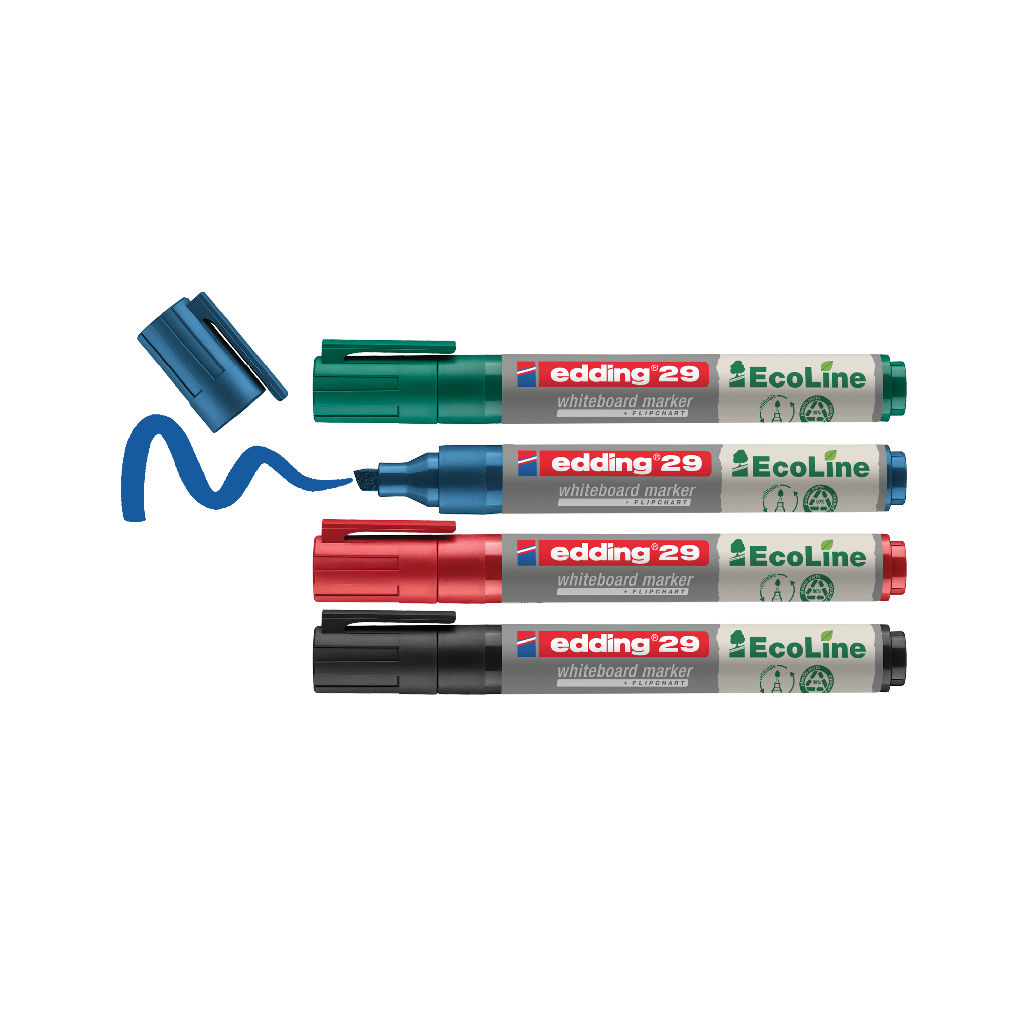 Ein Set aus vier edding 29 EcoLine Whiteboardmarkern im 4er-Set in den Farben Grün, Rot, Blau und Schwarz, wobei die Kappen entfernt wurden und der blaue Marker ein Gekritzel hinterlässt
