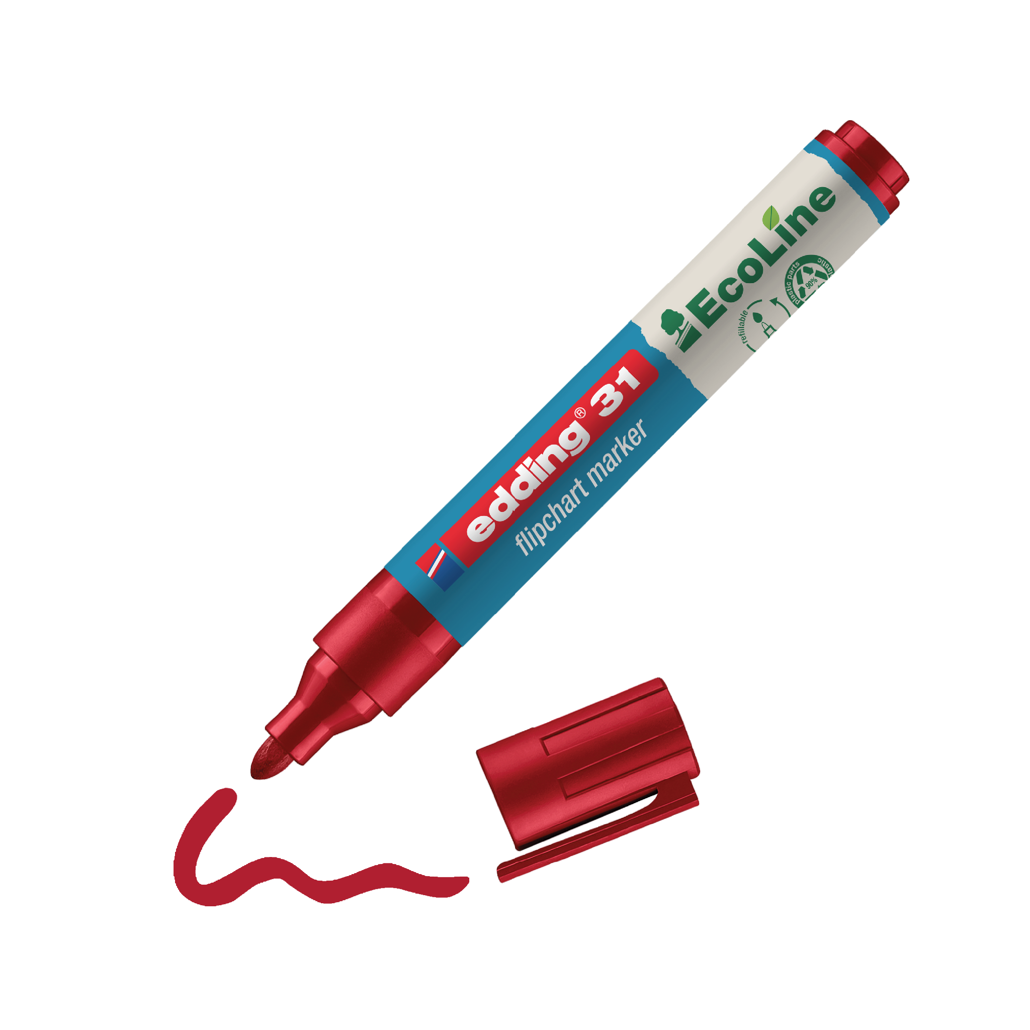 Ein roter edding 31 EcoLine Flipchartmarker mit abgenommener Kappe und einer gezeichneten Linie darunter, die die Farbe des Markers angibt.