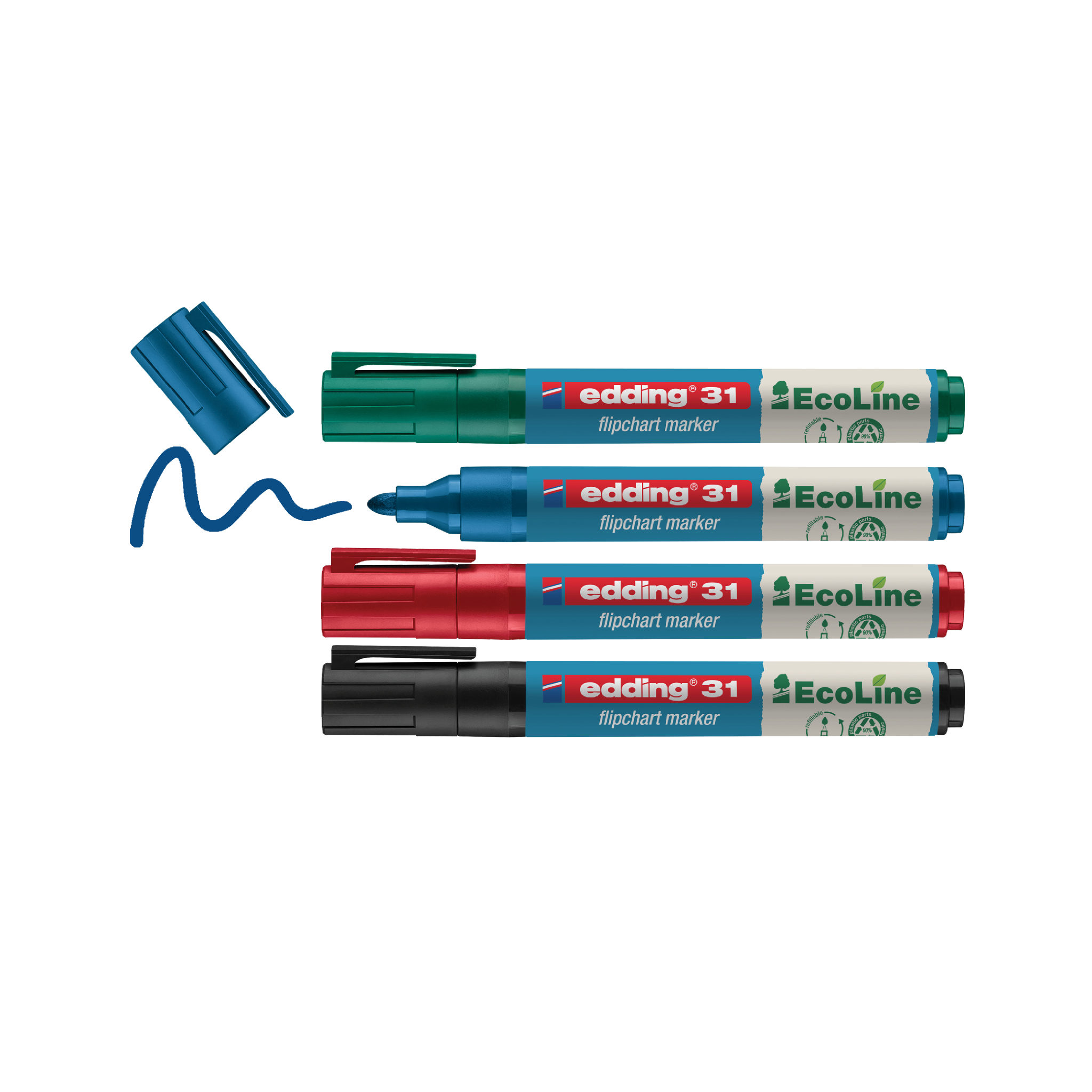 Eine Sammlung von sechs edding 31 EcoLine Flipchartmarkern in einer Mischung aus Blau, Grün und Rot, mit zwei abgenommenen Kappen und einem Kringel blauer Tinte daneben.
