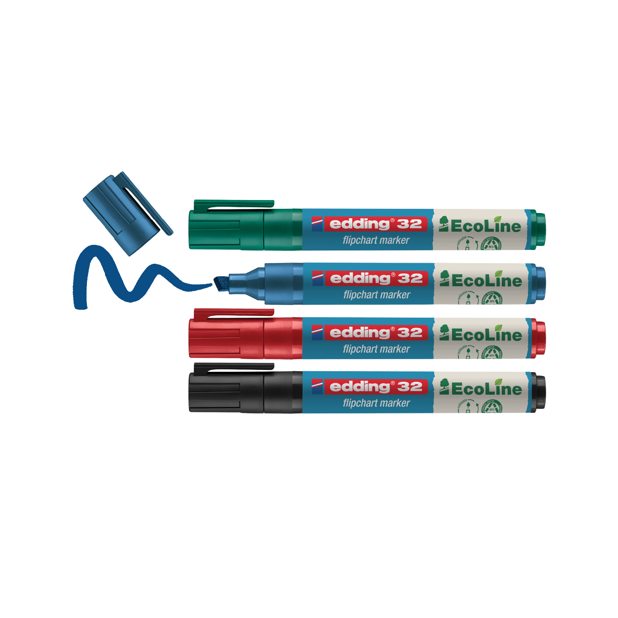 Eine Sammlung von blauen und roten edding 32 EcoLine Flipchartmarkern 4er-Sets, die parallel angeordnet sind, wobei einer der blauen Stifte offen ist.