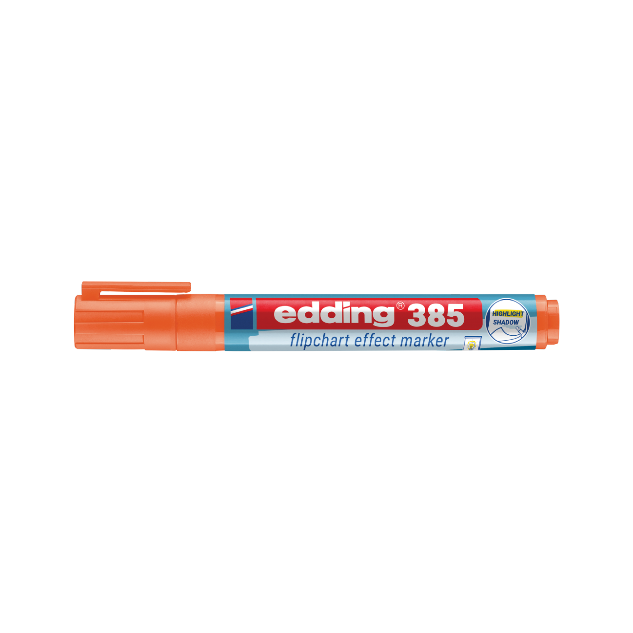 An edding 385 Flipchart Effektmarker with an orange Pinselspitze and cap features a visible label displaying the "edding" brand name and a blue "Permanent" icon on a plain white background.