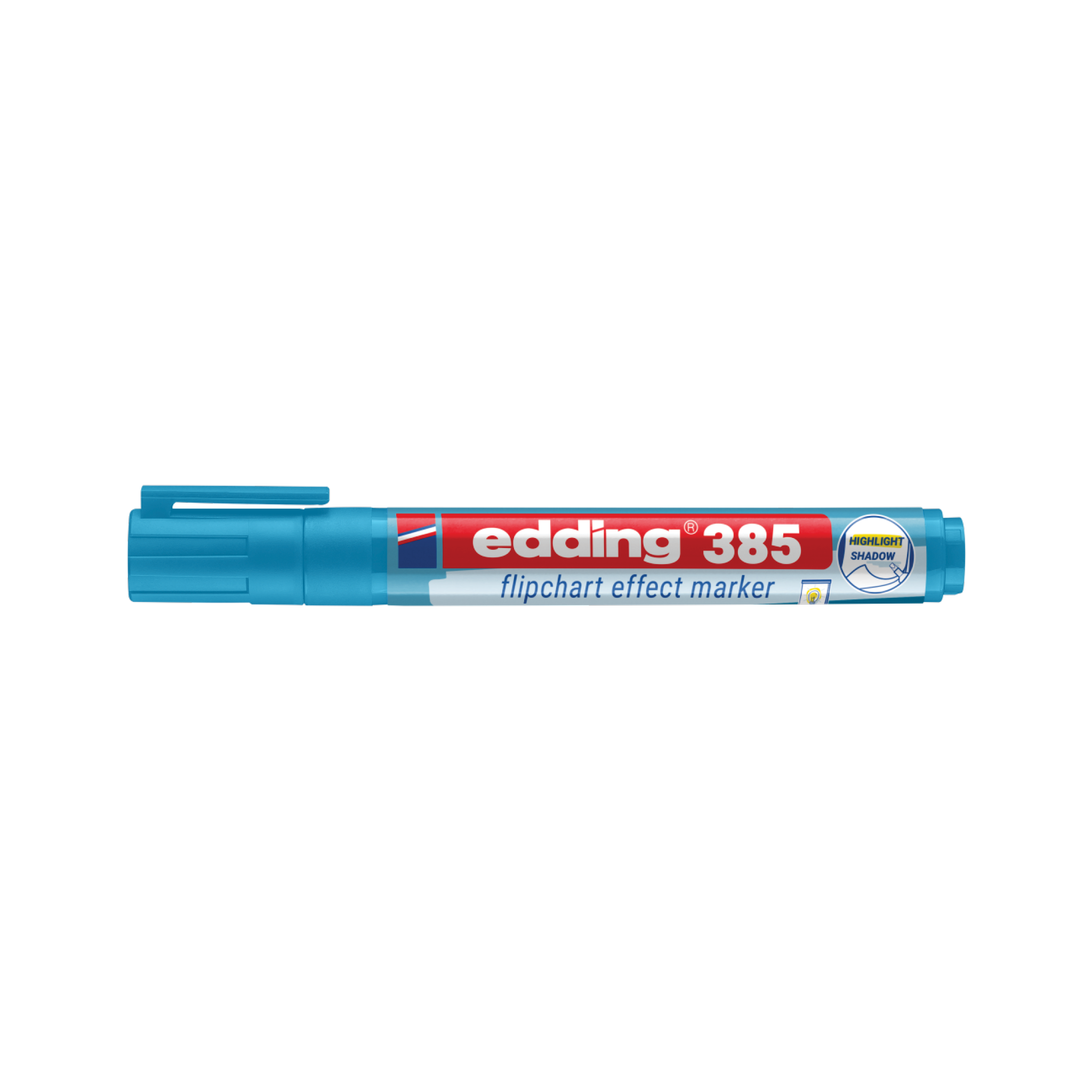 Image of an edding 385 Flipchart Effektmarker featuring a blue cap and barrel, red label with "edding 385" highlighted. Perfect for presentations, its Pinselspitze ensures precision. The marker tip is securely closed.