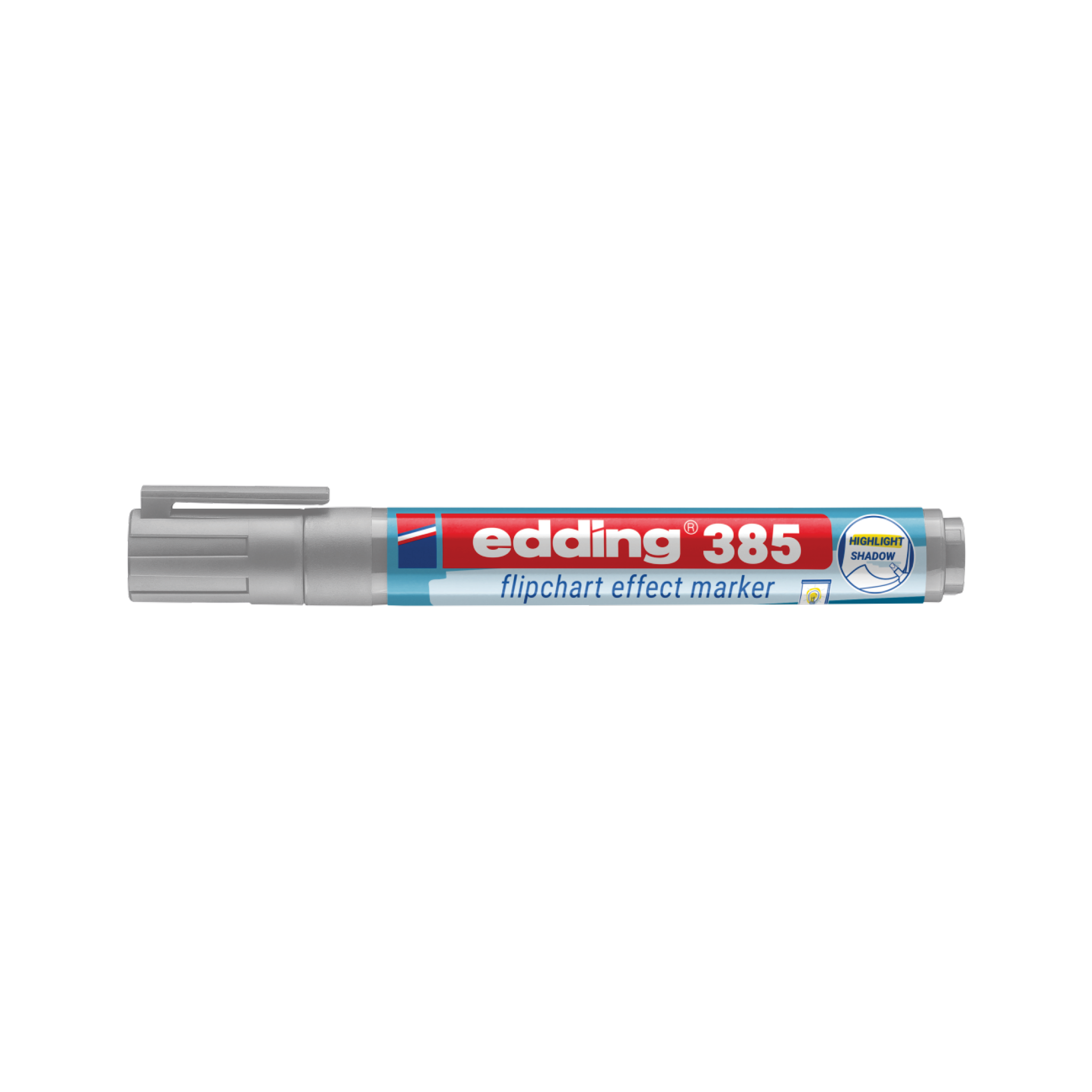 A gray-capped edding 385 Flipchart Effektmarker lies horizontally, featuring a white brand name on a red label with blue and yellow accents. It offers precision and style with Pinselspitze for smooth application.