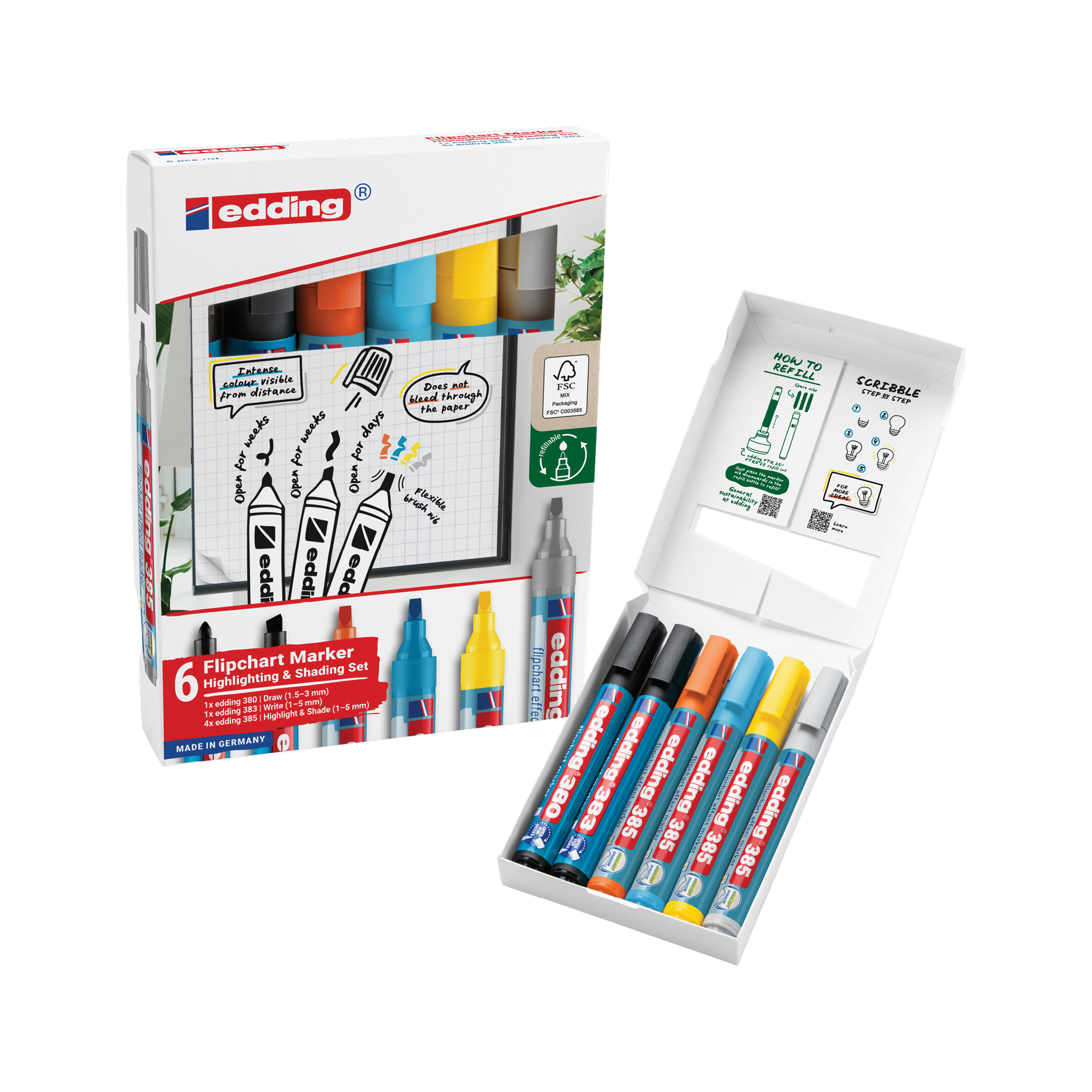Das edding Flipchartmarker 6er-Set Highlighting + Shading präsentiert leuchtende Farben (rot, blau, grün, orange, gelb, schwarz) in einer offenen Box, in der sechs Marker zum Vorschein kommen. Perfekt für kreative Visualisierungen, unterstreicht die umweltfreundliche Verpackung die Nachhaltigkeit der Marke edding.