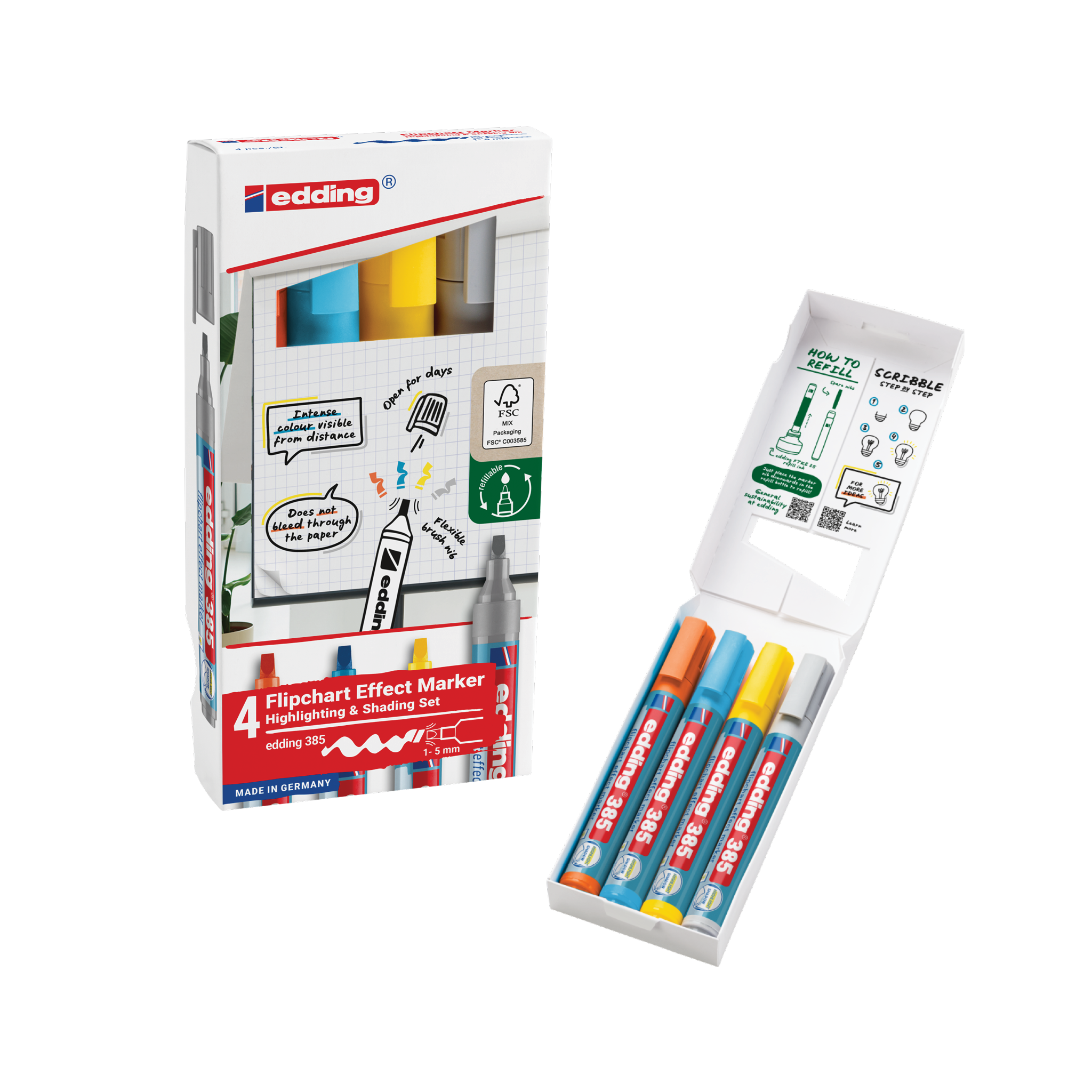 Das edding 385 Flipchart Effektmarker 4er-Set von edding enthält nachfüllbare Marker in Rot, Blau, Gelb und Grau. Die Verpackung zeigt Hervorhebungs- und Schattierungstechniken mit Pinselspitze und lädt den Benutzer ein, die Box zu öffnen und ihr vielseitiges Potenzial zu erkunden.