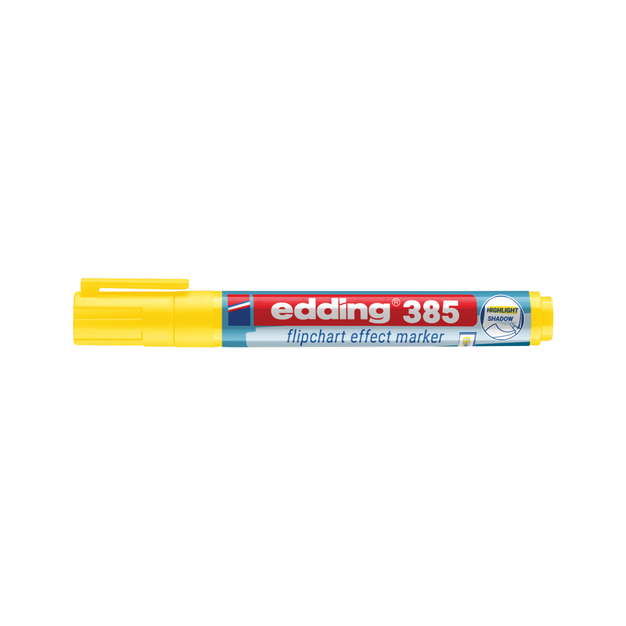 The edding 385 Flipchart Effektmarker, in yellow and capped, features a shadow-resistant label with a chic blue stripe. Ideal for presentations, it offers Nachfülltinte for extended use.