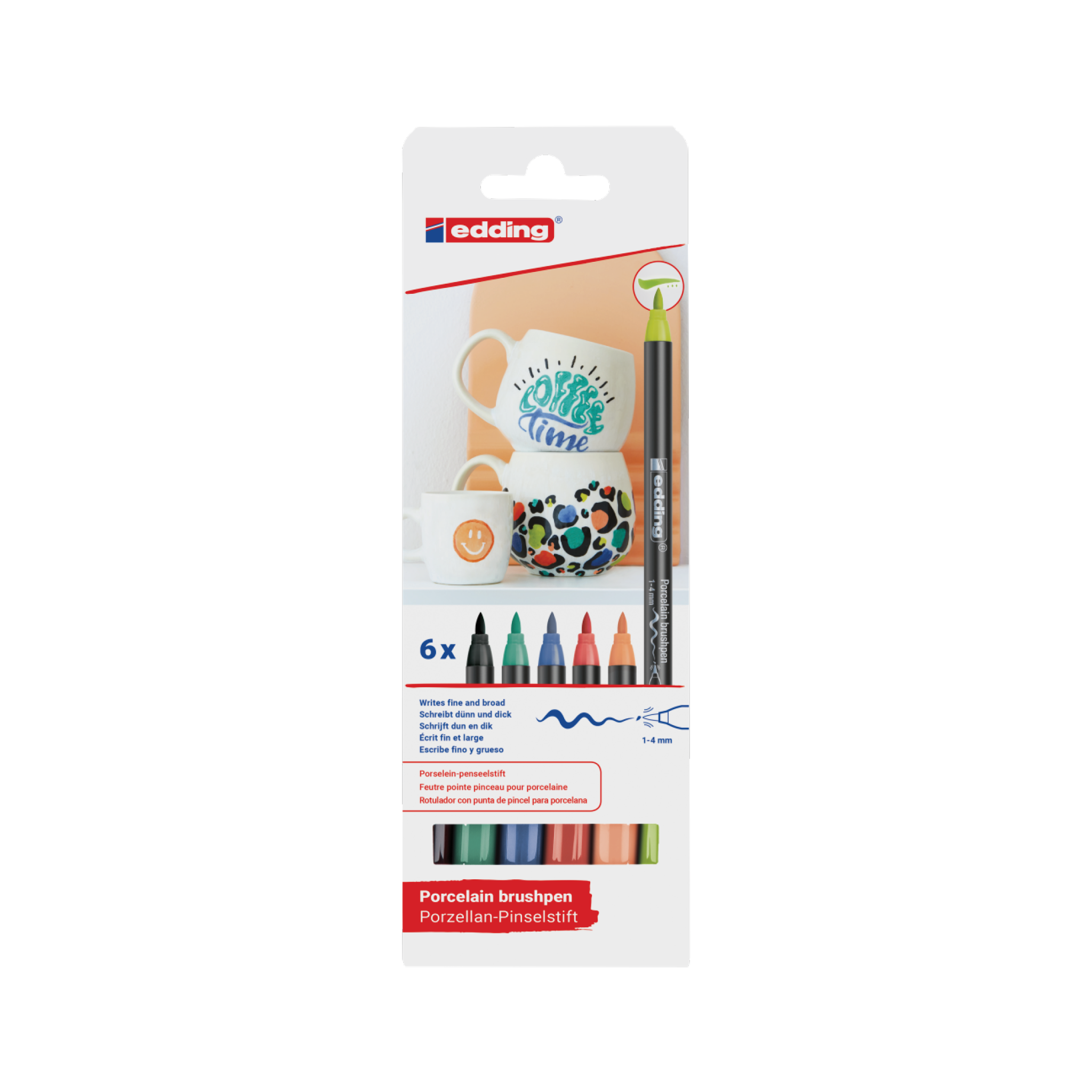 The edding 4200 Porzellanpinselstift 6er-Set packaging showcases six vibrant pens ideal for ceramic painting, featuring decorated mugs, colorful designs, sample creations, and pen points to highlight artistic possibilities on porcelain.