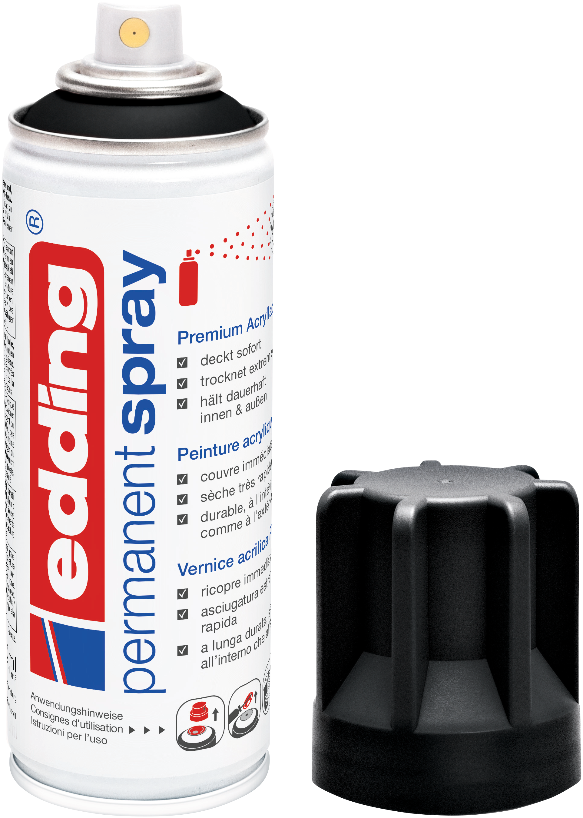edding 5200 Permanentspray Acryllack in Tiefschwarz matt mit offener Kappe und einem gemaltem Strich