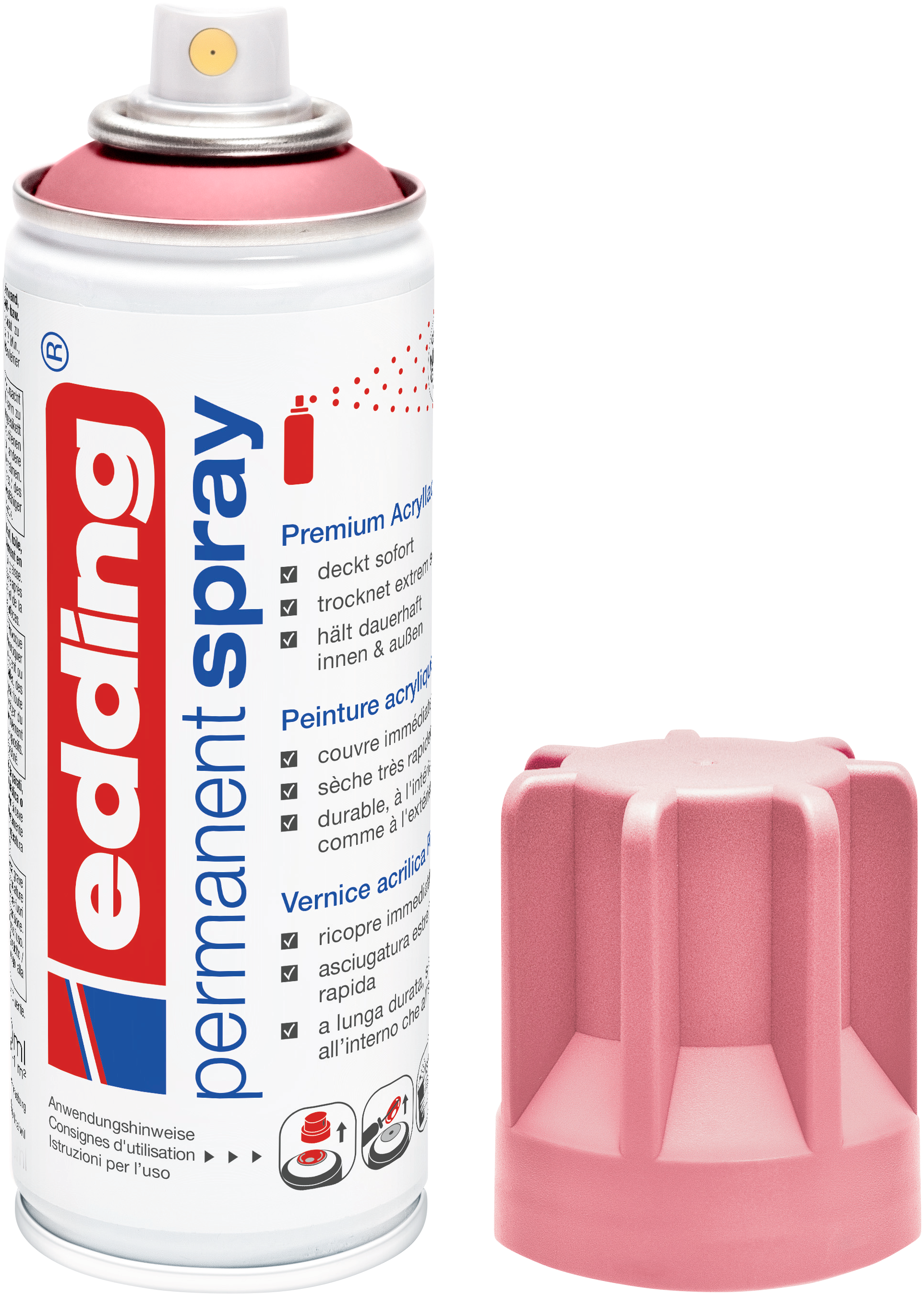 Eine Dose edding 5200 Permanentspray Acryllack Pastell & sanfte Farben von edding, abgebildet mit weißem Etikett, blauem und rotem Text, rosa Kappe daneben und sichtbarer Düse – perfekt für die kreative Oberflächenvorbereitung.