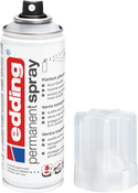 Eine weiße Aerosoldose edding 5200 Permanentspray Klarlack von edding mit schwarzer Düse und separater transparenter Kappe daneben; das Etikett weist in mehreren Sprachen auf die schnelltrocknende Wirkung hin.
