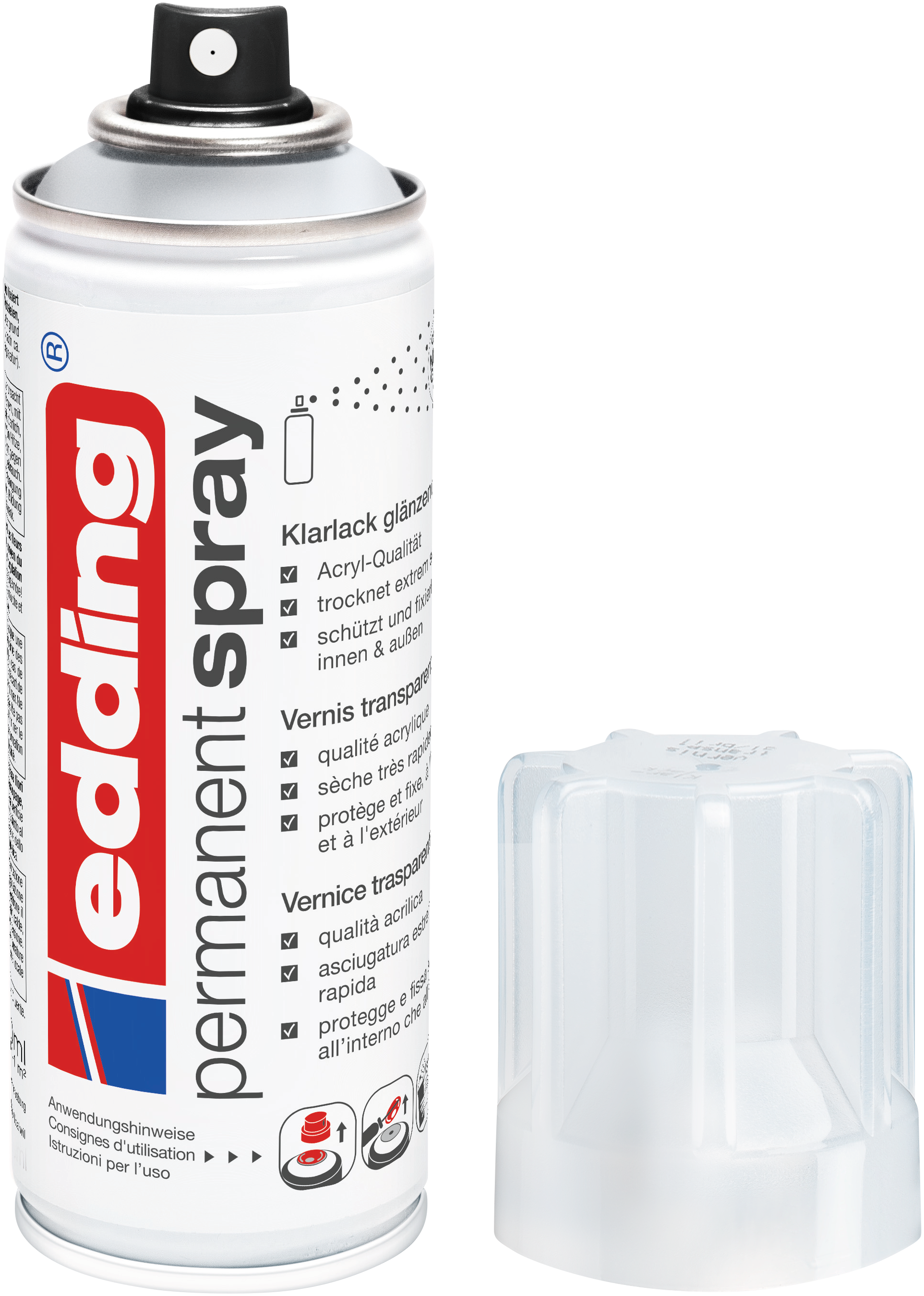 Eine weiße Aerosoldose edding 5200 Permanentspray Klarlack von edding mit schwarzer Düse und separater transparenter Kappe daneben; das Etikett weist in mehreren Sprachen auf die schnelltrocknende Wirkung hin.