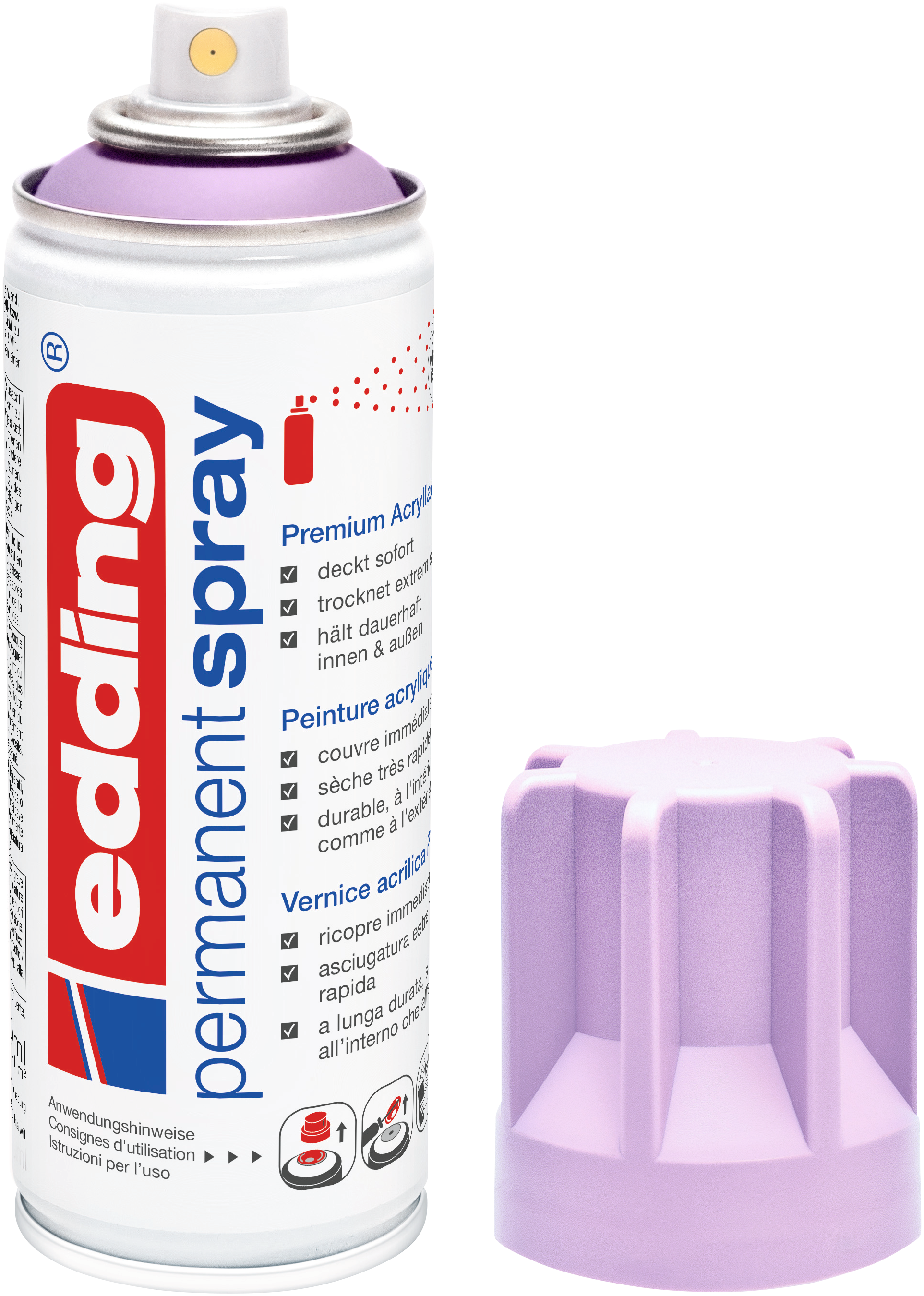 Eine Dose edding 5200 Permanentspray Acryllack Pastell & sanfte Farben von edding mit violetter Düse, passender Kappe und mehrsprachiger Beschriftung in Weiß, Blau und Rot – perfekt für Pastelltöne und makellose Oberflächenvorbereitung.