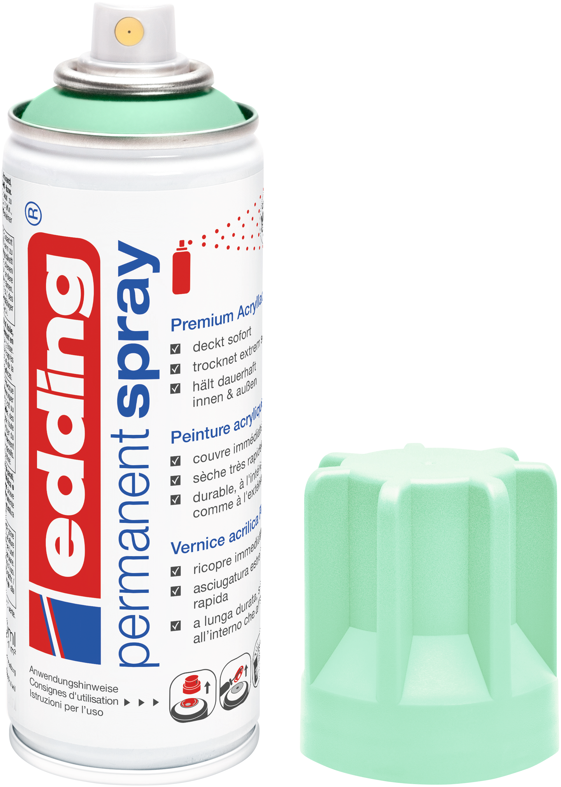 Eine Dose edding 5200 Permanentspray Acryllack Pastell & sanfte Farben von edding in Mintgrün mit passendem Verschluss daneben, rot-blau-weißem mehrsprachigem Etikett und Sprühdüse – ideal für die kreative Oberflächengestaltung.