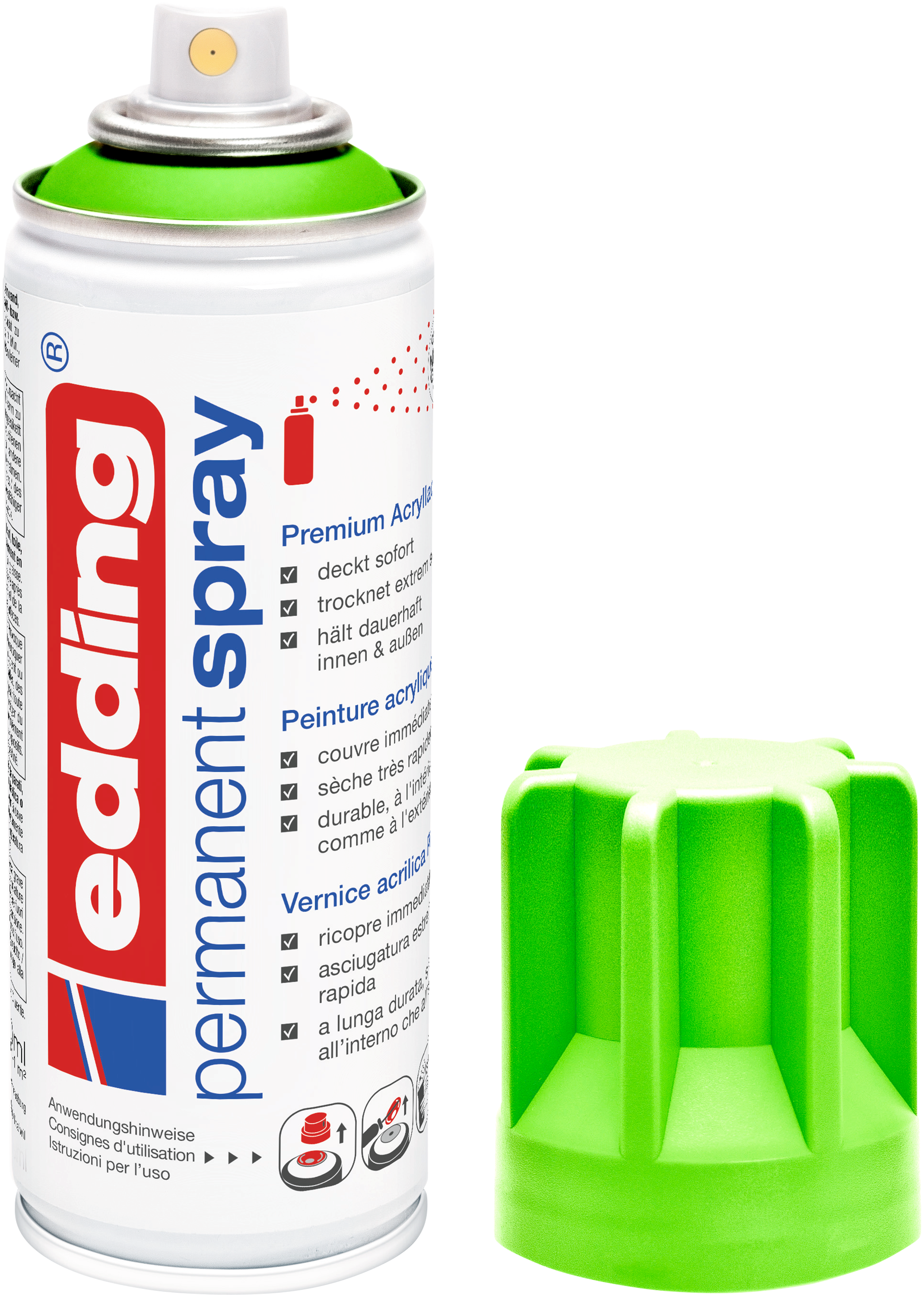 edding 5200 Permanentspray Acryllack Neon & kräftige Farben in Neongrün mit offener Kappe und einem gemaltem Strich