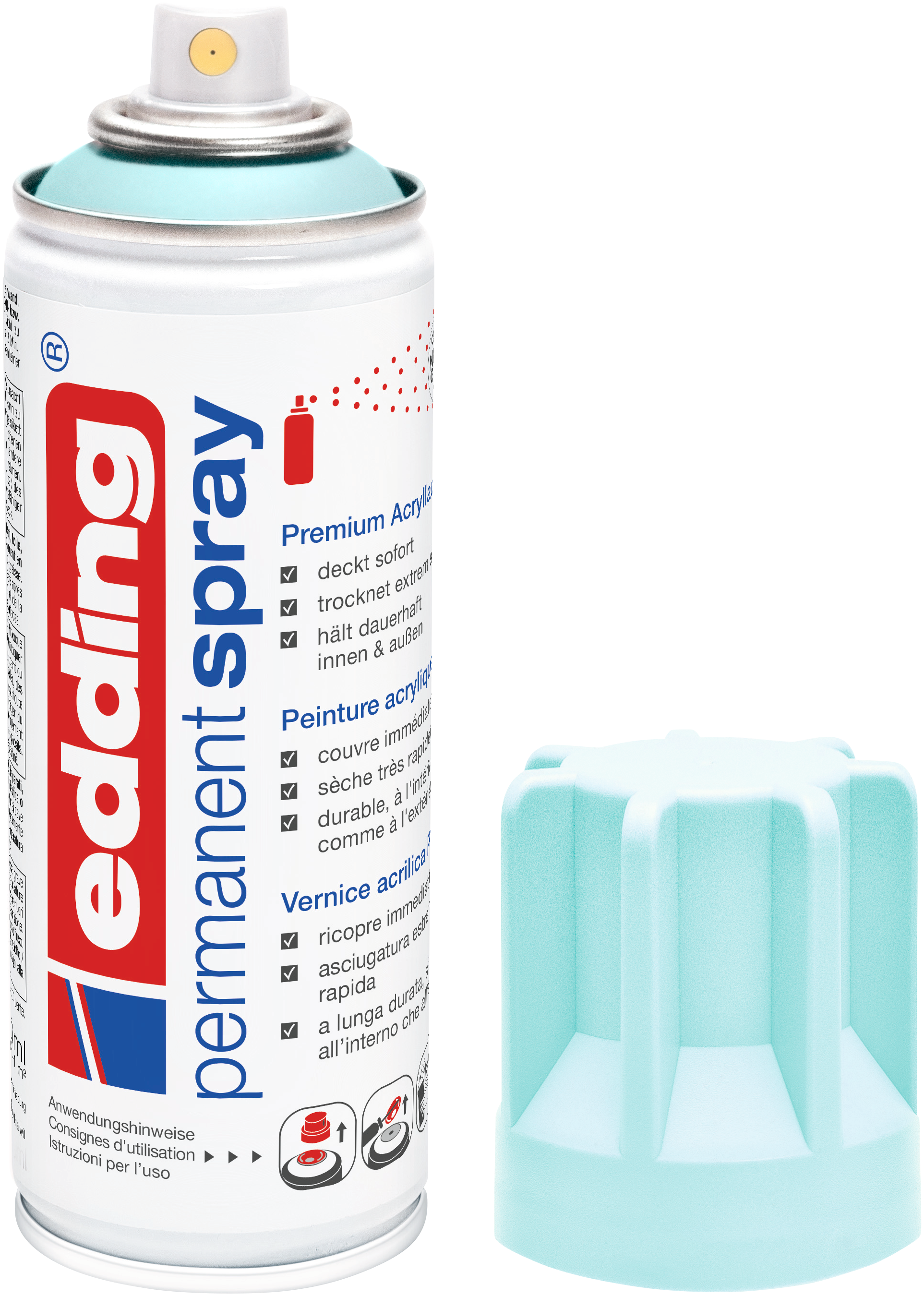 Eine Dose edding 5200 Permanentspray Acryllack Pastell & sanfte Farben von edding, deren blaue Kappe entfernt und daneben gestellt wurde. Die weiße Dose mit rot-blauem Text eignet sich perfekt für die Oberflächenvorbereitung und kreative Projekte in verschiedenen Pastelltönen.