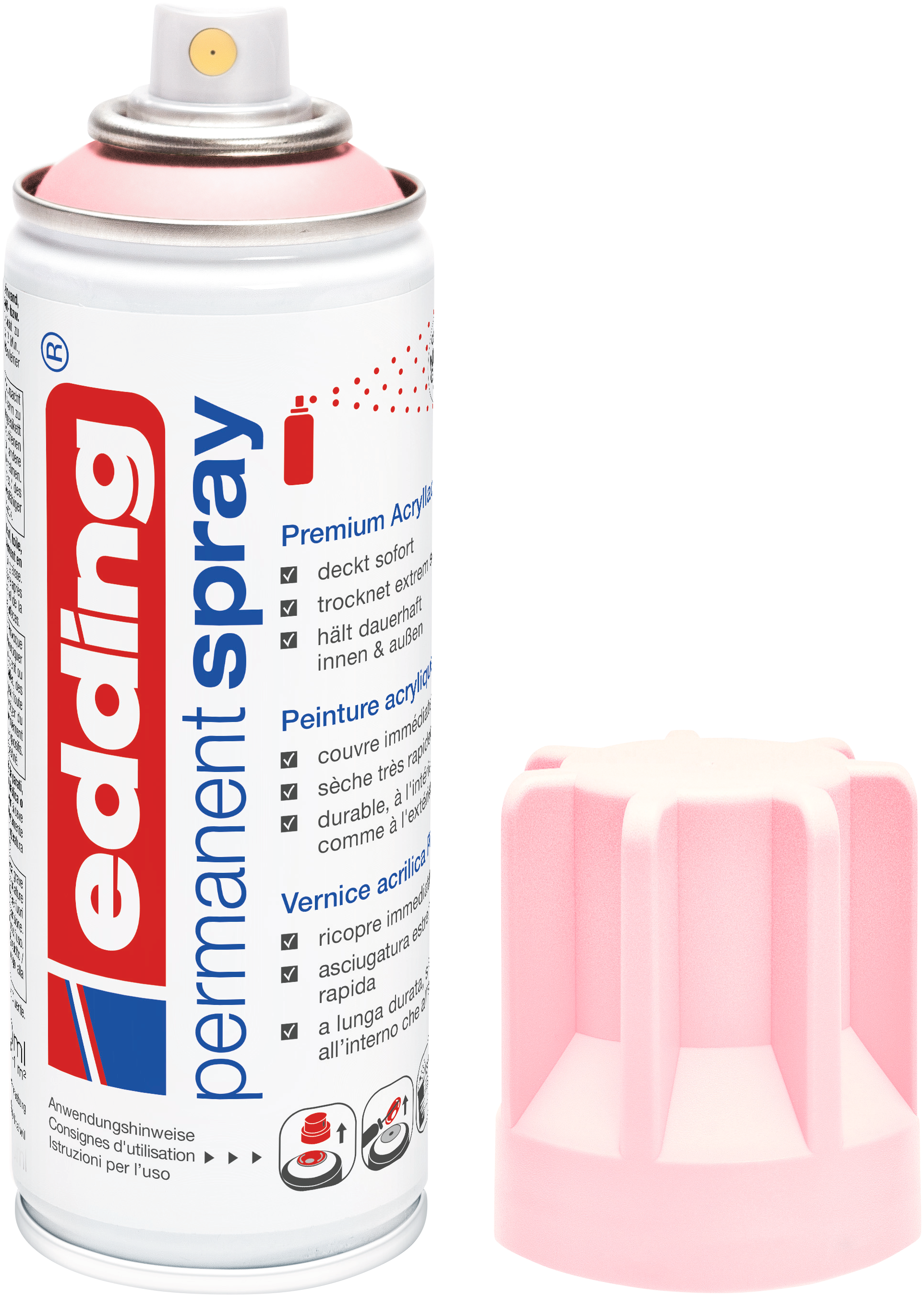 Eine Dose edding 5200 Permanentspray Acryllack Pastell & sanfte Farben von edding mit rosafarbener Düse und passender Kappe steht auf weißem Untergrund. Das blau-rot-weiße Etikett macht es ideal für die Oberflächenaufbereitung in sanften Pastelltönen.