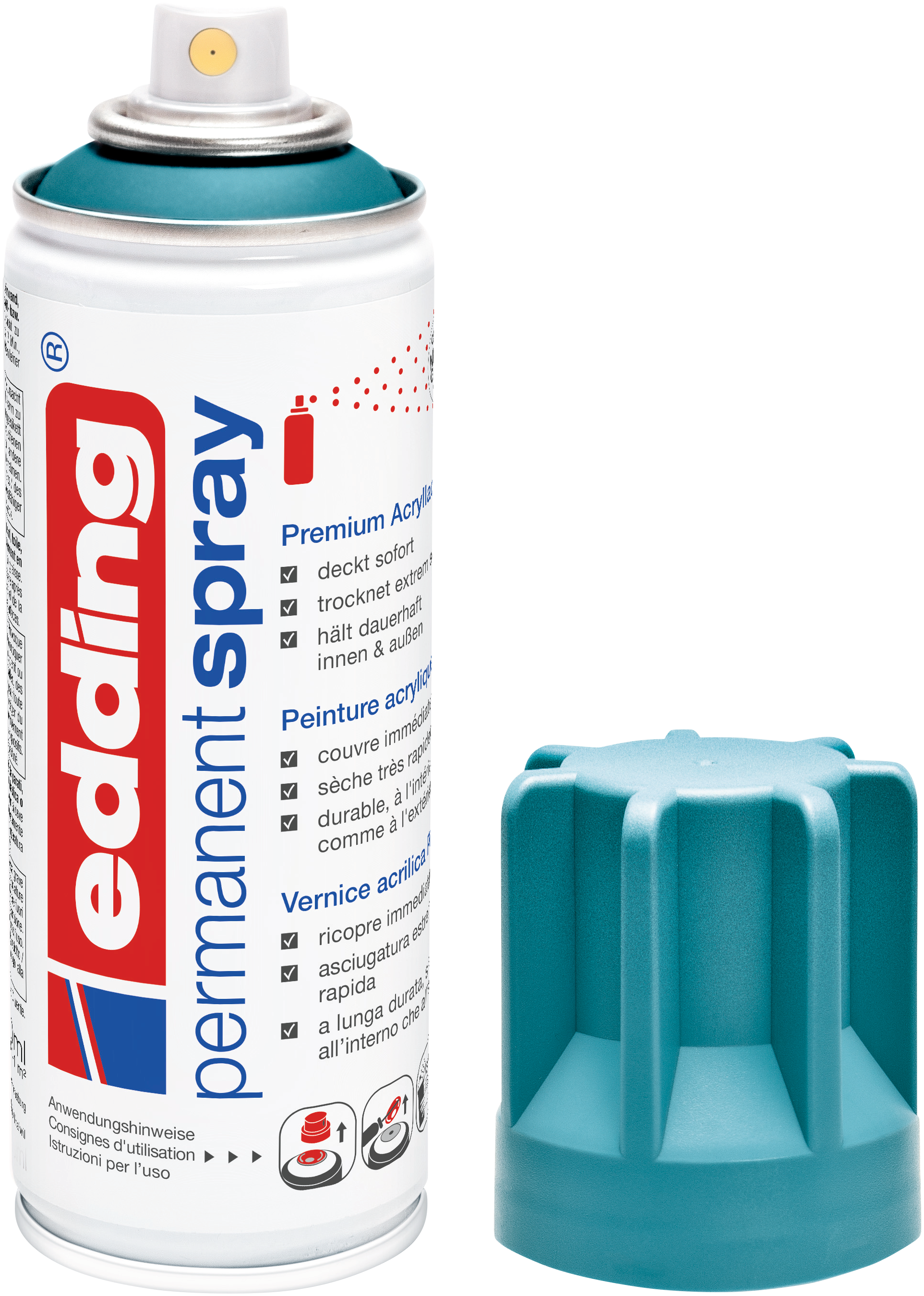 Daneben steht eine Dose edding 5200 Permanentspray Acryllack Pastell & sanfte Farben von edding mit blauem Etikett und türkisfarbener Kappe. Das Spray zeigt rote, blaue und weiße Pastellfarben sowie Produktinformationen in verschiedenen Sprachen.