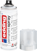 Eine weiße Dose edding 5200 Permanentspray Grundierung steht aufrecht, die transparente Kappe ist abgenommen. Die sichtbare Düse passt auf verschiedene Sprühköpfe. Gebrauchsanweisung und Haftungshinweise sind auf der Dose aufgedruckt.