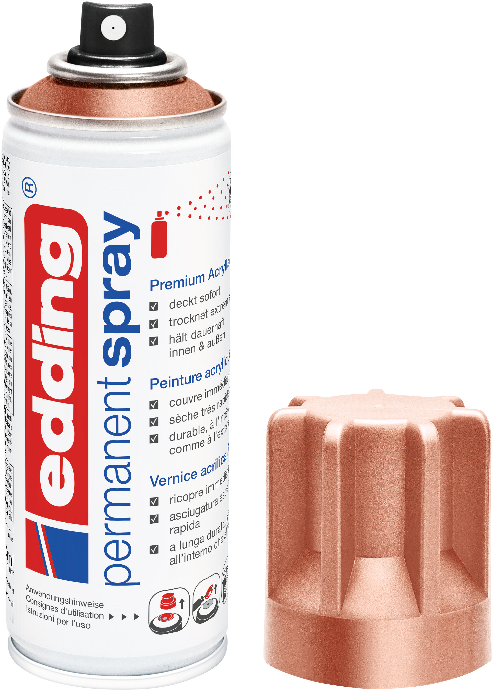 Eine Dose edding 5200 Permanentspray Metallic Acryllack von edding in Weiß und Metallic-Bronze, deren Deckel entfernt und daneben platziert ist. Die Dose zeigt Markenlogo und mehrsprachige Produktdetails.