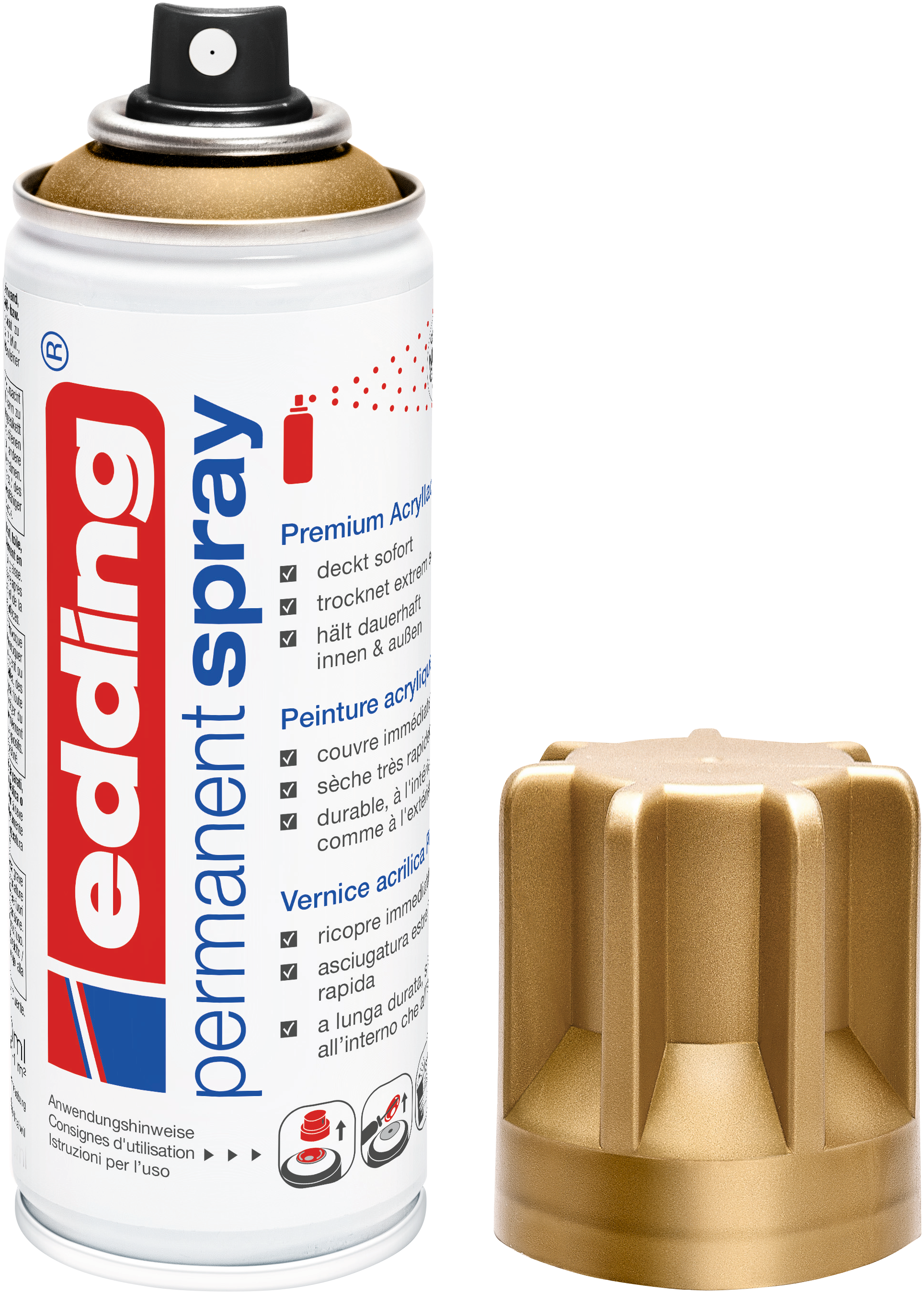Eine Dose edding 5200 Permanentspray Metallic Acryllack von edding mit weißem Körper, blauem und rotem Text, goldener Kappe daneben und einem sichtbaren Sprühkopfset oben für präzises Auftragen.
