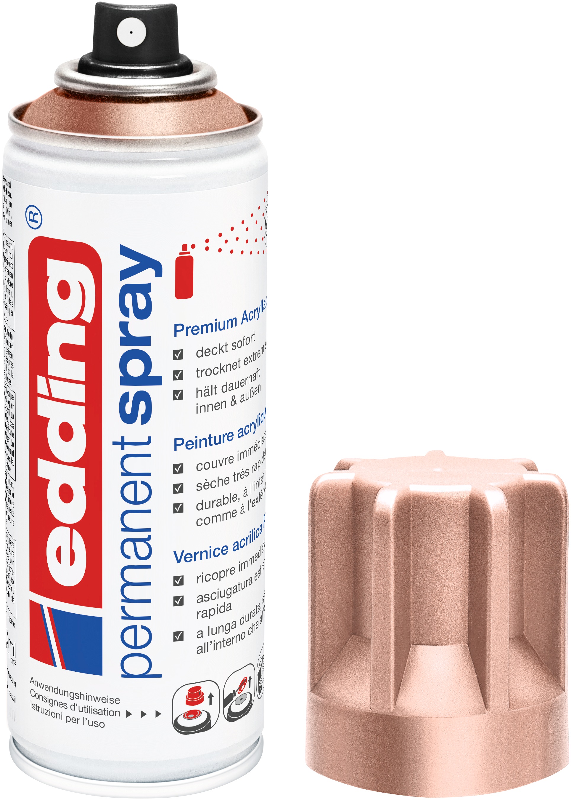 Eine Dose edding 5200 Permanentspray Metallic Acryllack von edding mit einer metallischen Roségoldkappe und einem weißen mehrsprachigen Etikett eignet sich perfekt, um Ihren kreativen Projekten auffällige Metallicfarben hinzuzufügen.