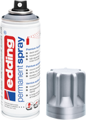 Eine Dose edding 5200 Permanentspray Metallic Acryllack von edding mit abnehmbarer grauer Kappe daneben. Das Etikett zeigt Produktinformationen in mehreren Sprachen in rot-blauem Design auf weißem Hintergrund.