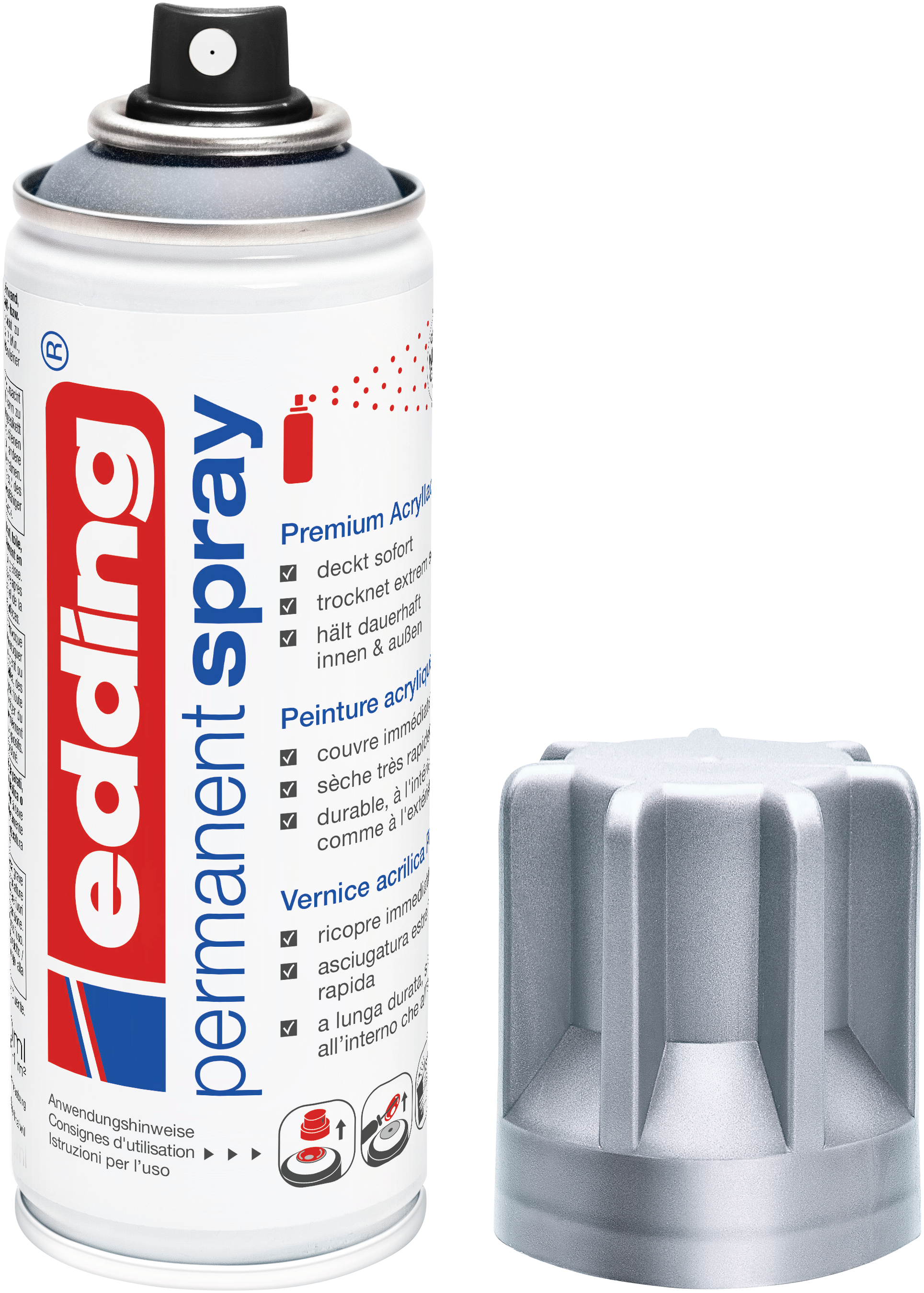 Eine Dose edding 5200 Permanentspray Metallic Acryllack von edding mit abnehmbarer grauer Kappe daneben. Das Etikett zeigt Produktinformationen in mehreren Sprachen in rot-blauem Design auf weißem Hintergrund.