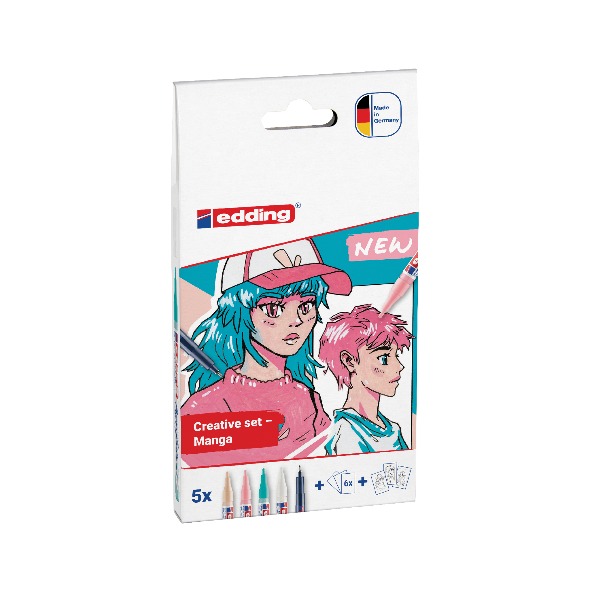 Eine Packung edding Acryl Kreativset Manga-Stifte mit Illustrationen von zwei Manga-Charakteren auf dem Cover, was darauf hinweist, dass das Produkt für Kunstwerke im Manga-Stil geeignet ist.