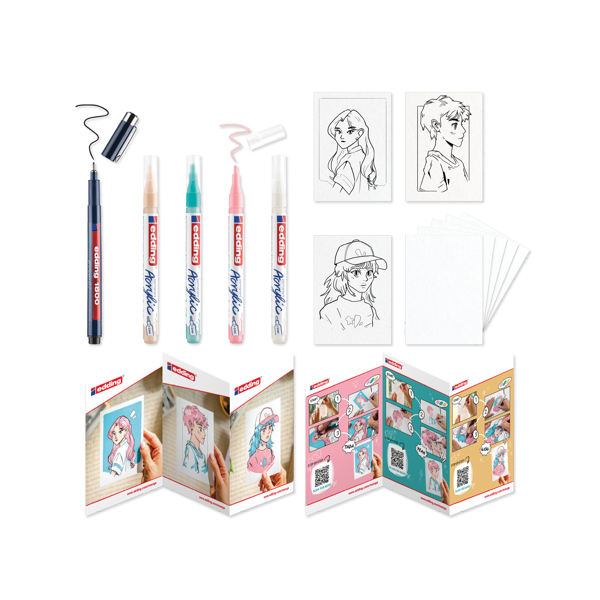 Eine Sammlung von edding Acryl Kreativset Manga mit Markern, leeren Papierkarten und einer faltbaren Ausstellungstafel mit verschiedenen Kunstwerken.