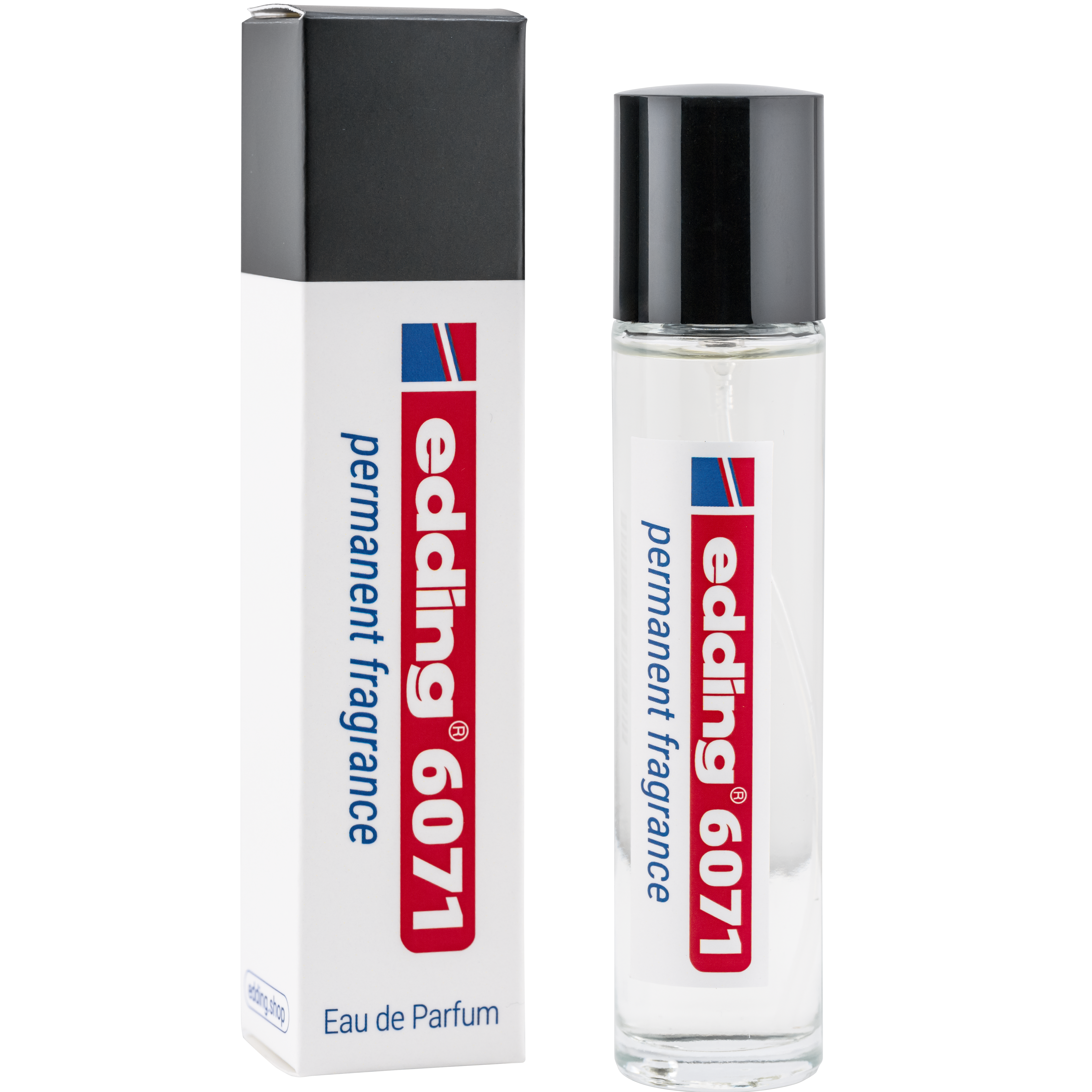 Ein Flakon und eine Schachtel des Dauerdufts Eau de Parfum 6071 von edding in Stiftform mit einem auffälligen roten und blauen Branding auf weißem Hintergrund.