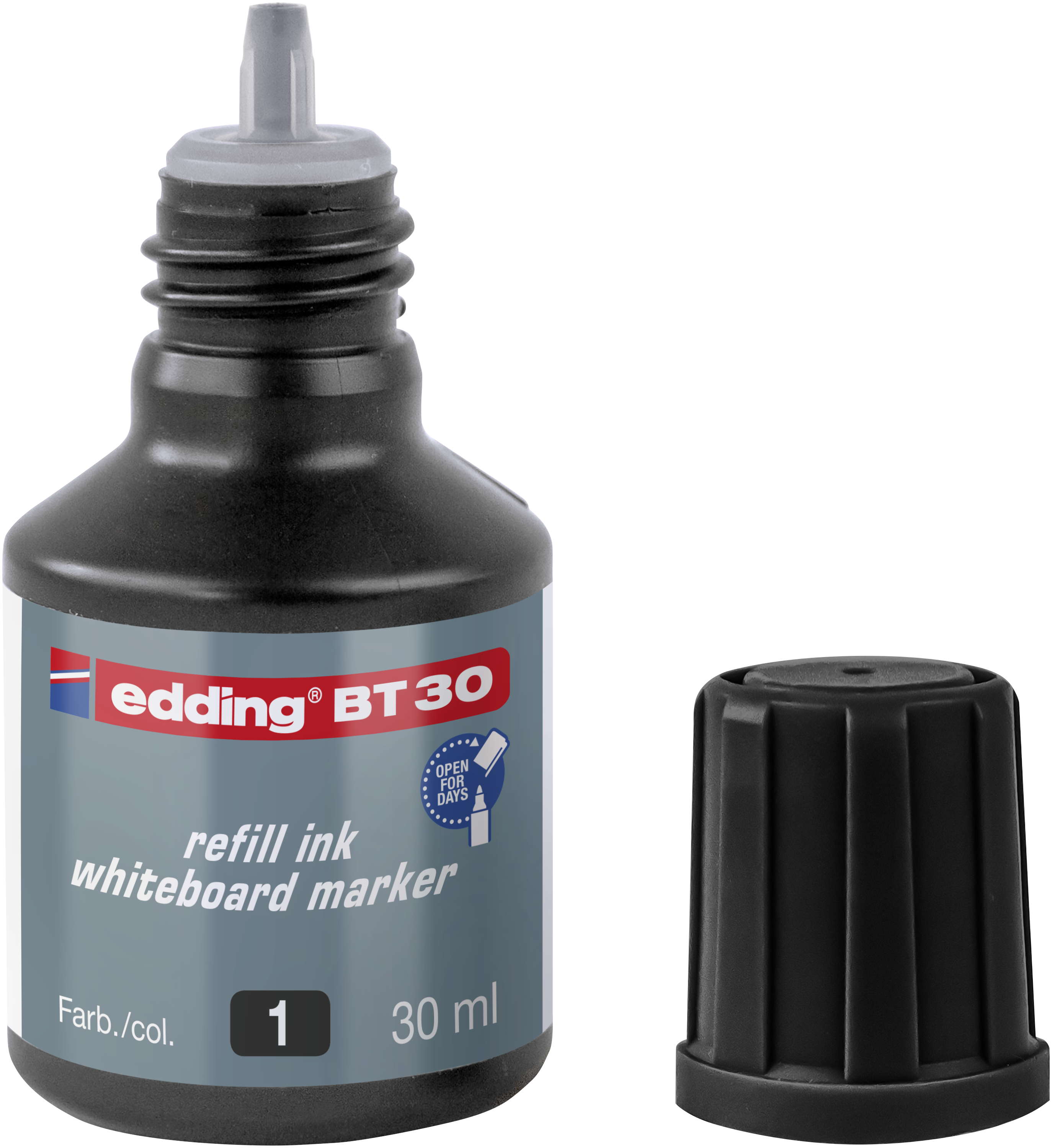 Eine 30 ml Flasche edding BT 30 Nachfülltinte Whiteboardmarker von edding ist mit abgenommenem Verschluss abgebildet. Das grau-rote Etikett verfügt über einen Tropfendosierer zum einfachen Nachfüllen.
