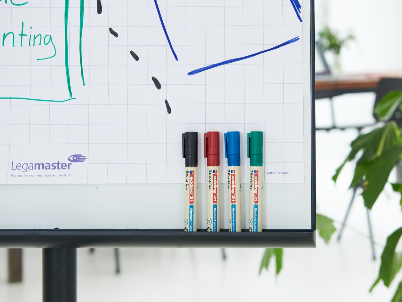 Whiteboard mit bunten Markern, inklusive edding 32 EcoLine Flipchartmarker 4er-Set, und unverständlichen Kritzeleien, die ein Brainstorming oder eine laufende Arbeit hervorheben.