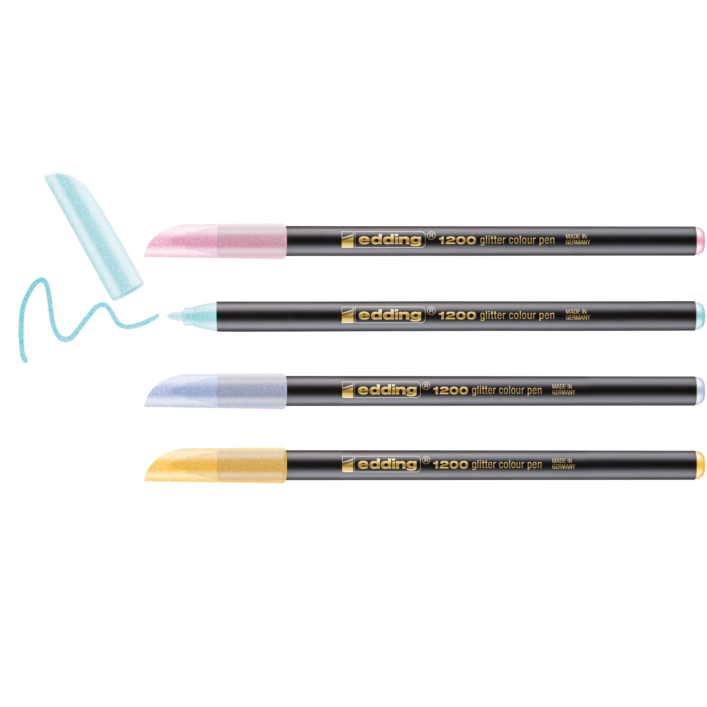 Vier edding 1200 glitzer Fasermaler im 4er-Set – Blau, Pink, Silber und Gold – liegen nebeneinander. Der blaue Stift ist offen und zeigt die Spitze mit einer blauen Linie; die anderen sind verschlossen. Von Edding.