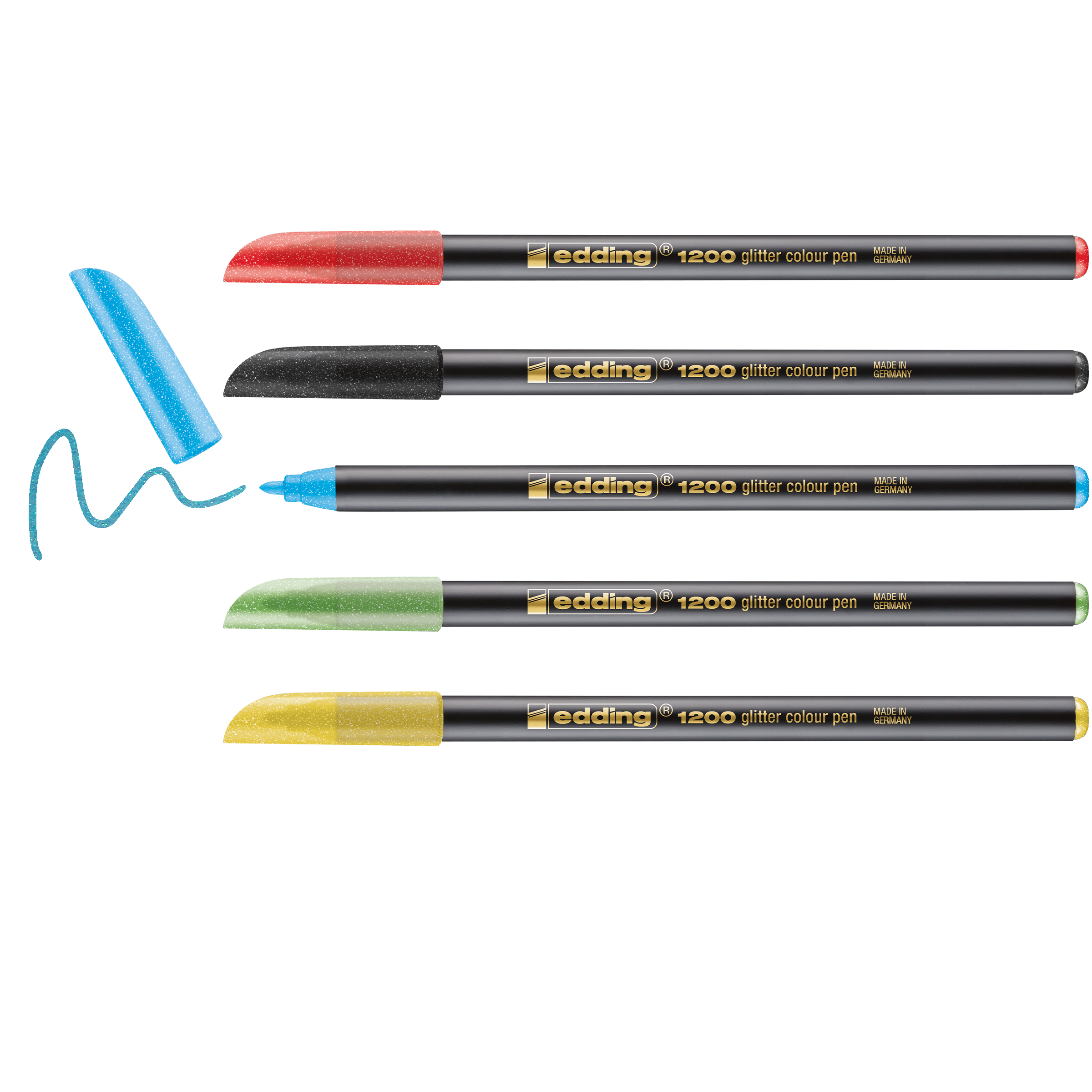 Neben jedem Stift sind fünf edding 1200 Glitzer Fasermaler aus dem edding 5er-Set in Rot, Schwarz, Blau, Grün und Gelb ohne Kappe abgebildet, der blaue Marker hat eine Schlangenlinie gezeichnet.
