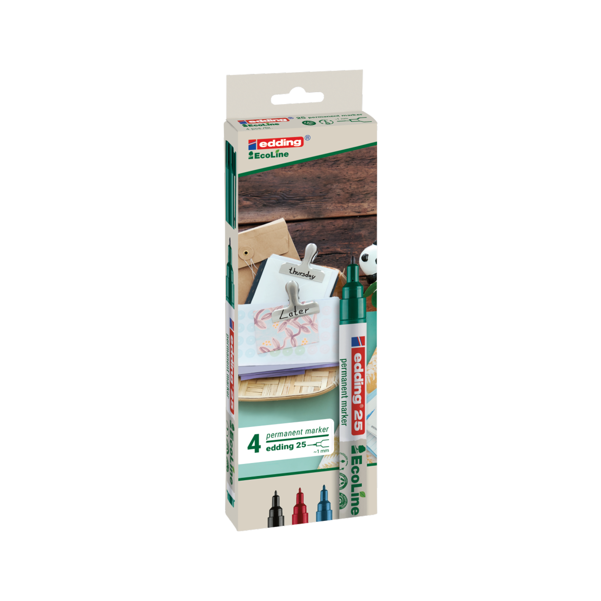 Eine Schachtel mit vier edding 25 EcoLine Permanentmarkern 4er-Set in verschiedenen Farben aus recyceltem Material. Die Verpackung mit grĂĽnen Akzenten zeigt die Marker in verschiedenen Umgebungen wie Beschriften und Schreiben. Das edding-Logo ist oben auf der Schachtel deutlich zu sehen.