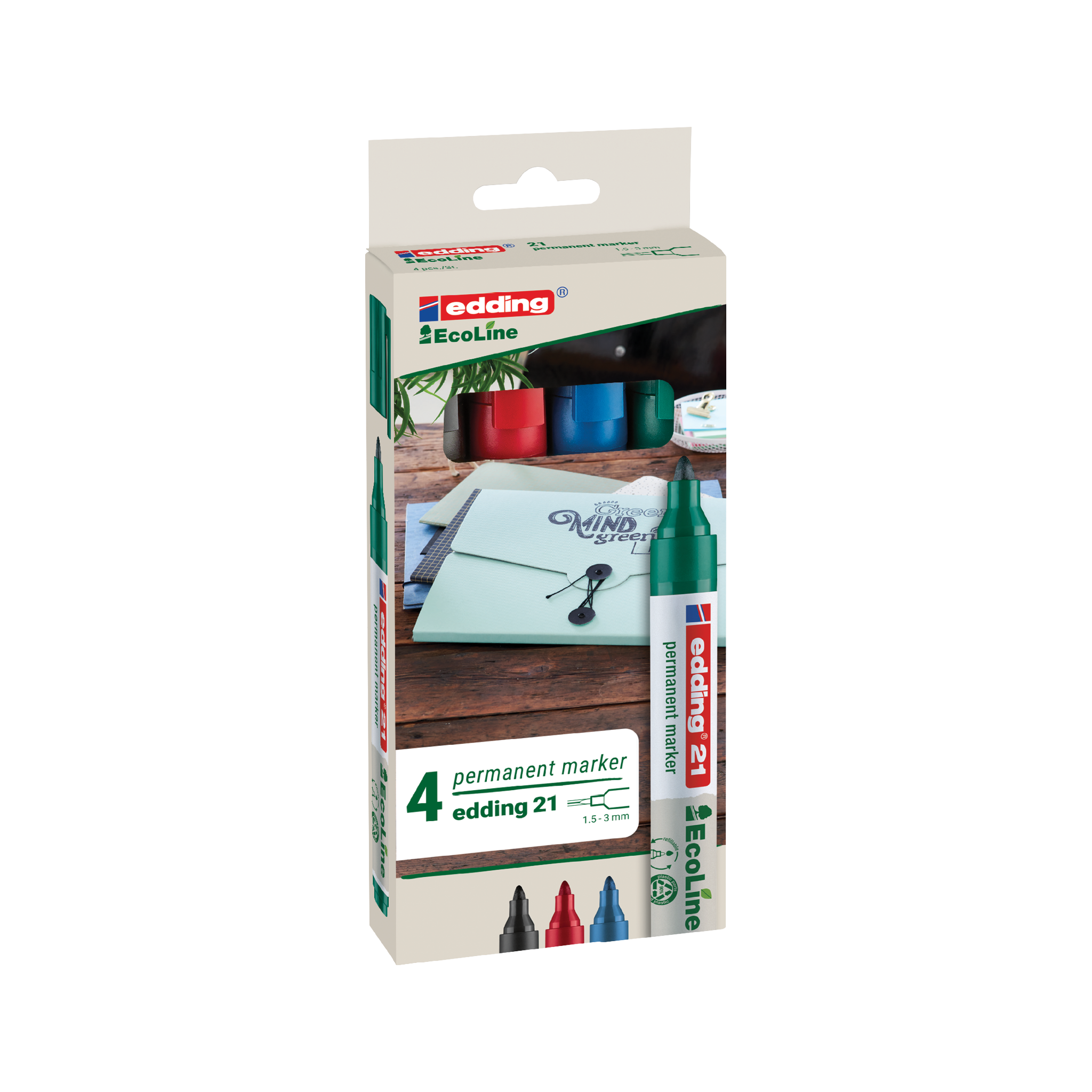 Eine Schachtel edding 21 EcoLine Permanentmarker 4er-Set aus recyceltem Kunststoff. Die Verpackung enthält vier Marker: schwarz, blau, grün und rot. Der Text auf der Schachtel hebt die Langlebigkeit und die umweltfreundlichen Materialien der Marker hervor. Auf der Verpackung sind außerdem ein Marker, Karteikarten, ein Stempel und eine kleine Tafel abgebildet.
