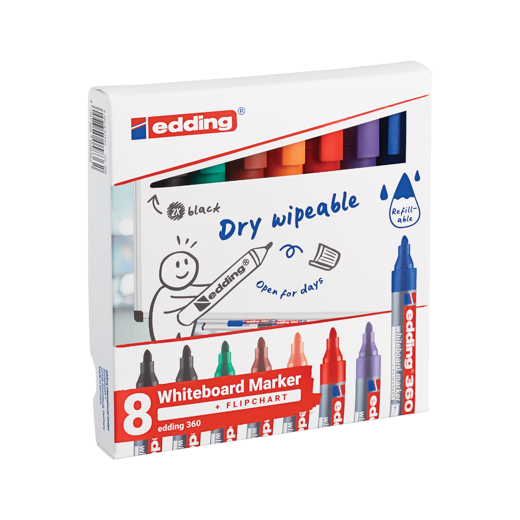 Eine Packung mit acht edding 360 Whiteboardmarkern in verschiedenen Farben, beworben als trocken abwischbar und nachfüllbar, mit hervorgehobener Funktion „Abgenommene Kappe kann tagelang offen bleiben“.