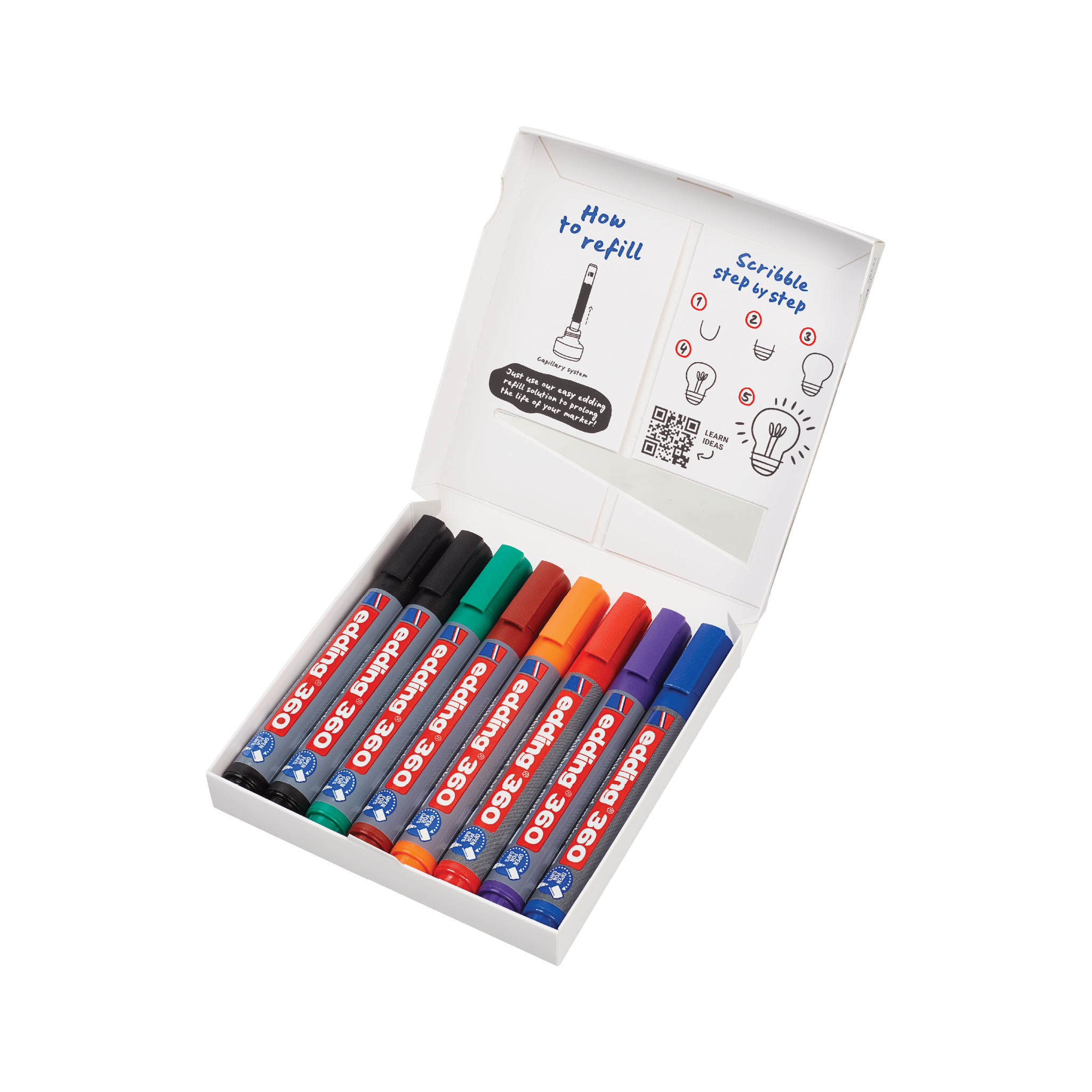 Eine Schachtel mit mehrfarbigen edding 360 Whiteboardmarker 8er-Set-Stiften mit Anweisungen zum Nachfüllen mit nachfüllbarer Tinte auf der Innenseite des Schachteldeckels.