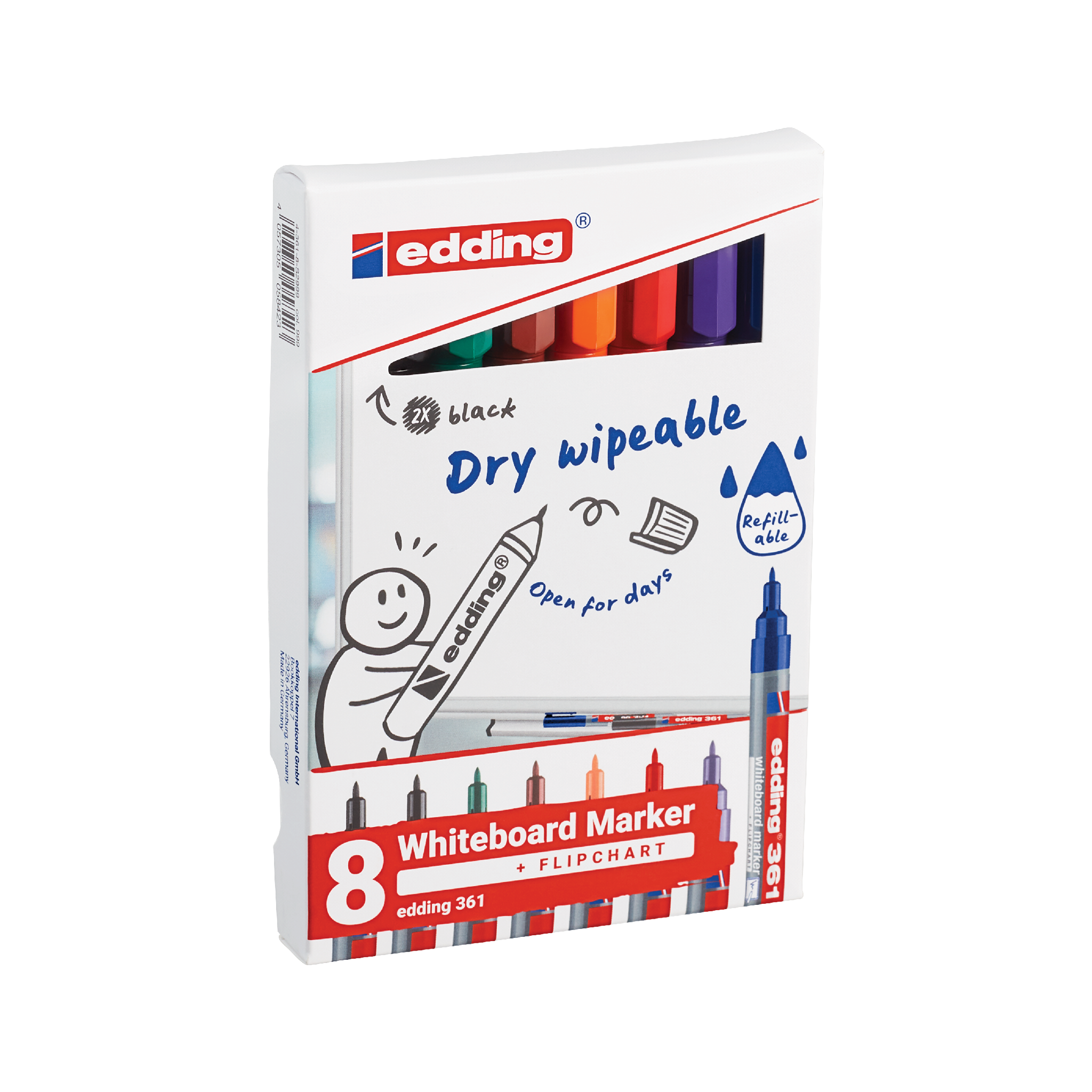 8er-Pack edding 361 Whiteboardmarker in verschiedenen Farben mit trocken abwischbarer und nachfüllbarer Tinte.
