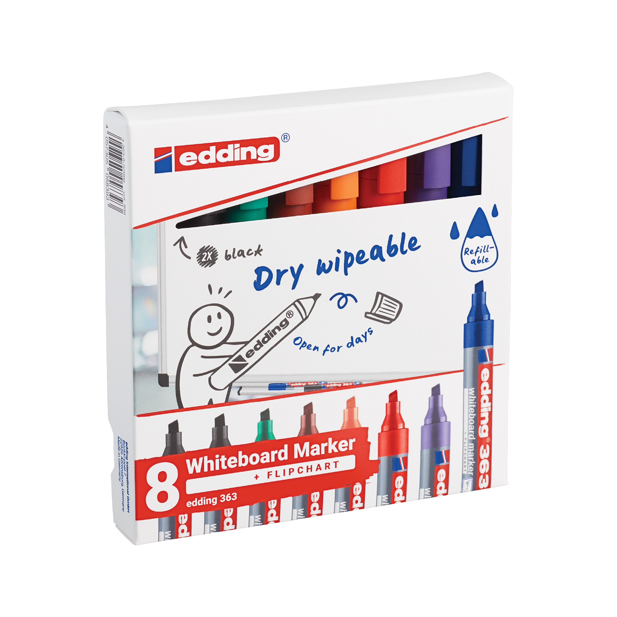 Eine Packung mit acht edding 363 Whiteboardmarkern in verschiedenen Farben, beworben als trocken abwischbar und nachfüllbar.