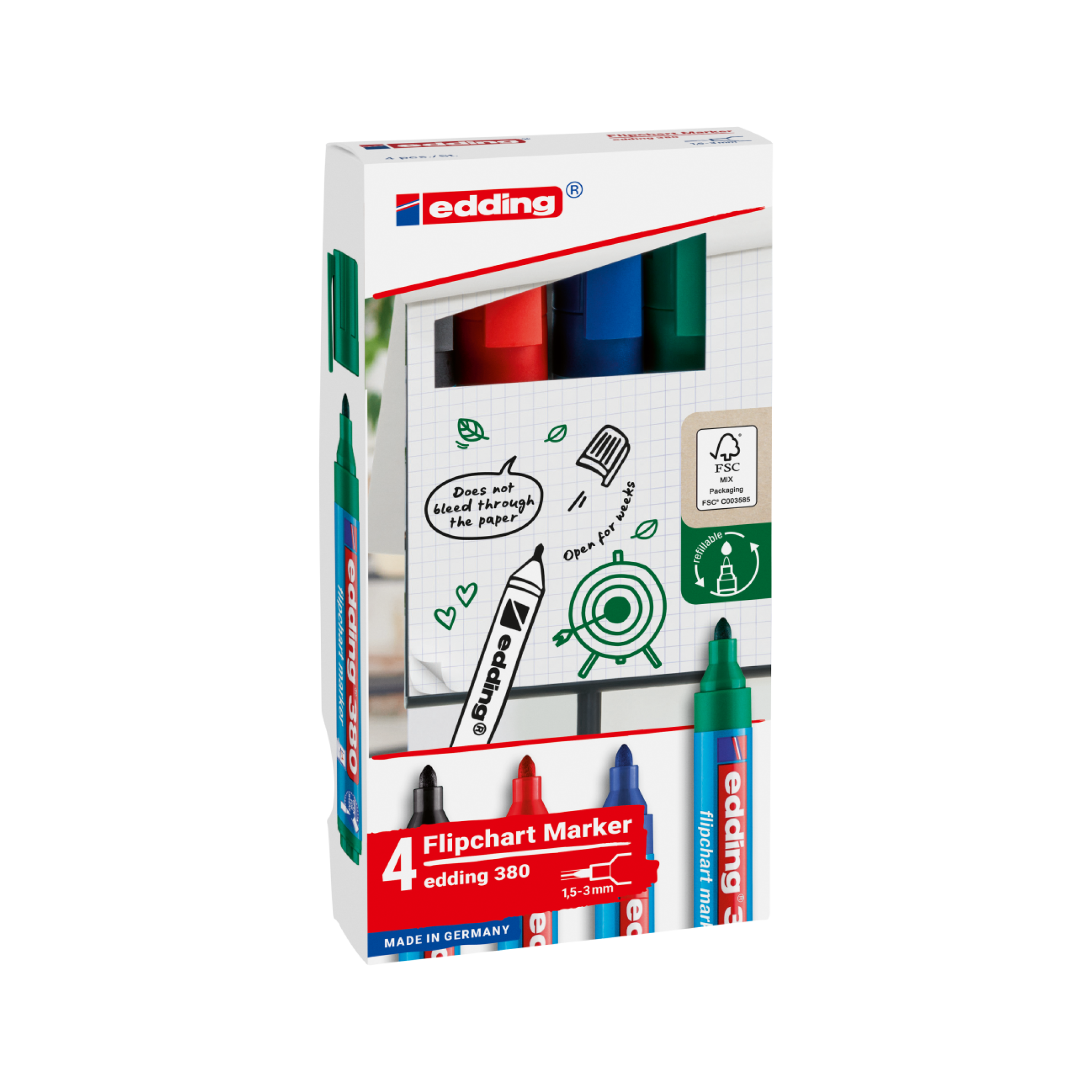 The edding 380 Flipchartmarker 4er-Set, proudly "Made in Germany," offers four vibrant colors—green, black, red, and blue. Crafted with Spezialtinte for permanence and flipchart illustrations on the box, it's ideal for impactful presentations.