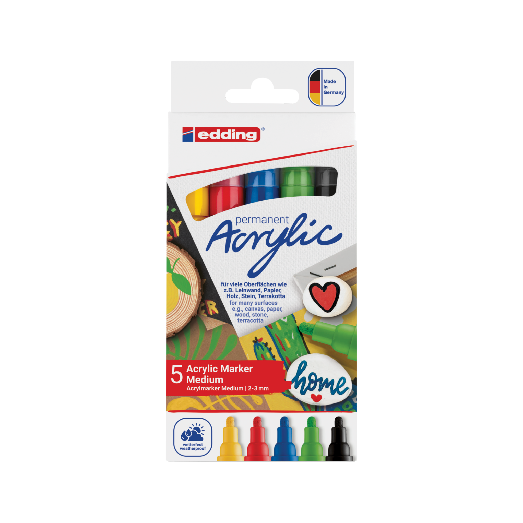 Eine Packung edding 5100 Acrylmarker medium im 5er-Set, ideal für kreative Designs auf Leinwand, Stein und verschiedenen anderen Oberflächen. Perfekt als Teil der Künstlerausrüstung.