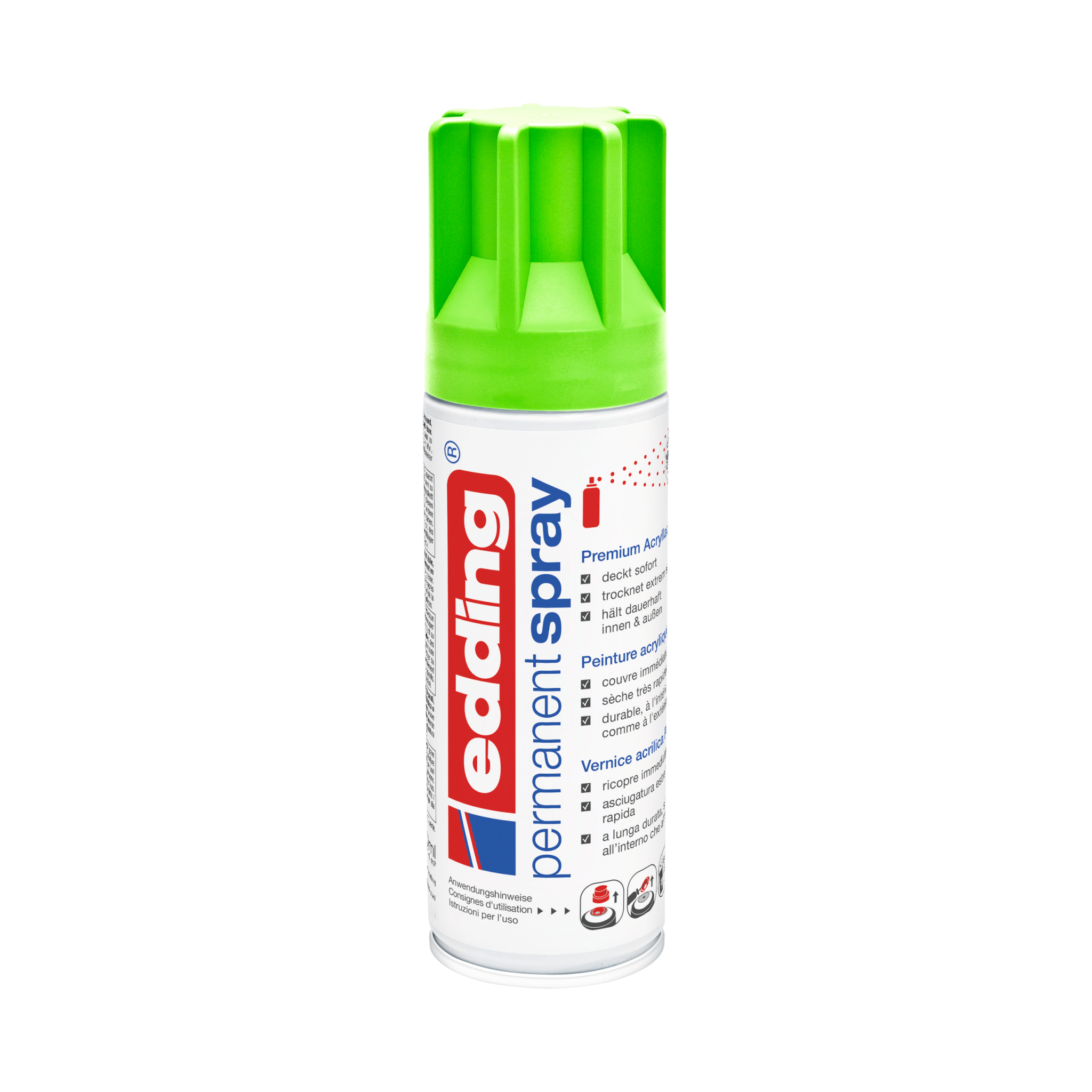 Eine Dose edding 5200 Permanentspray Acryllack Neon & Kräftig Farben mit grüner Kappe, isoliert auf schwarzem Hintergrund.